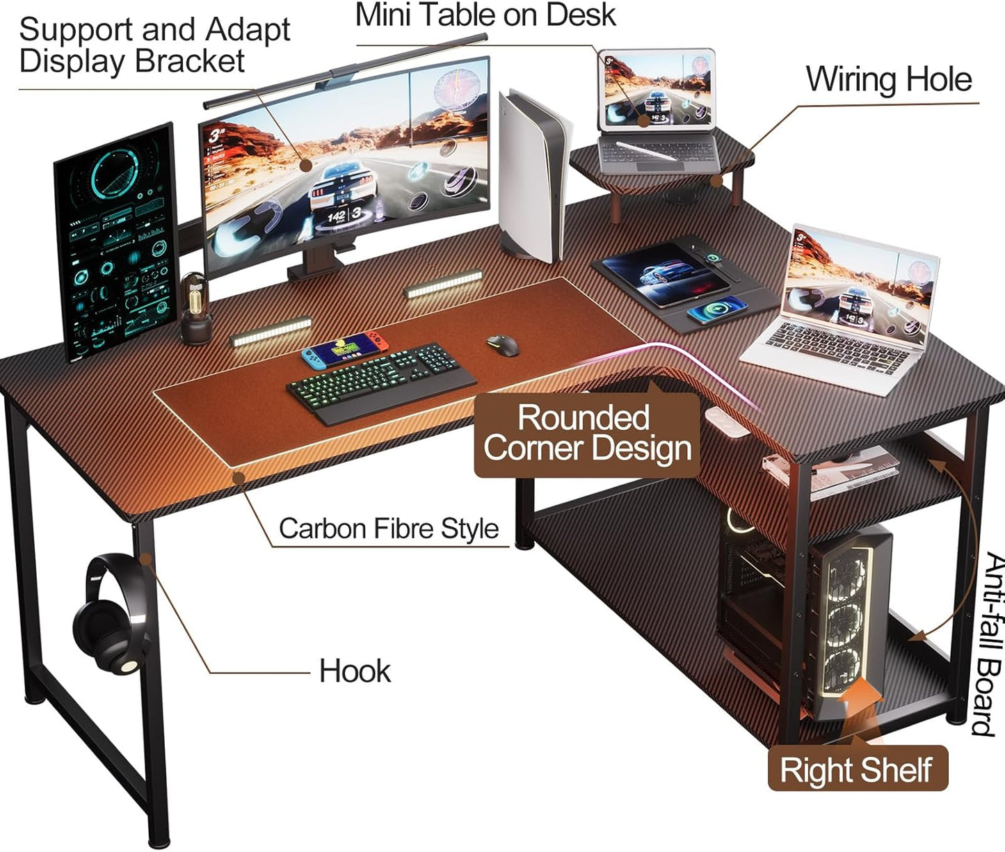 GTPLAYER L Shaped Gaming Desk, Carbon Fiber Style Computer Desk with Monitor Shelf and Hook, Black Small L Shape Desk with Adjustable Open Storage Shelf, Corner PC Table for Small Space Home Office