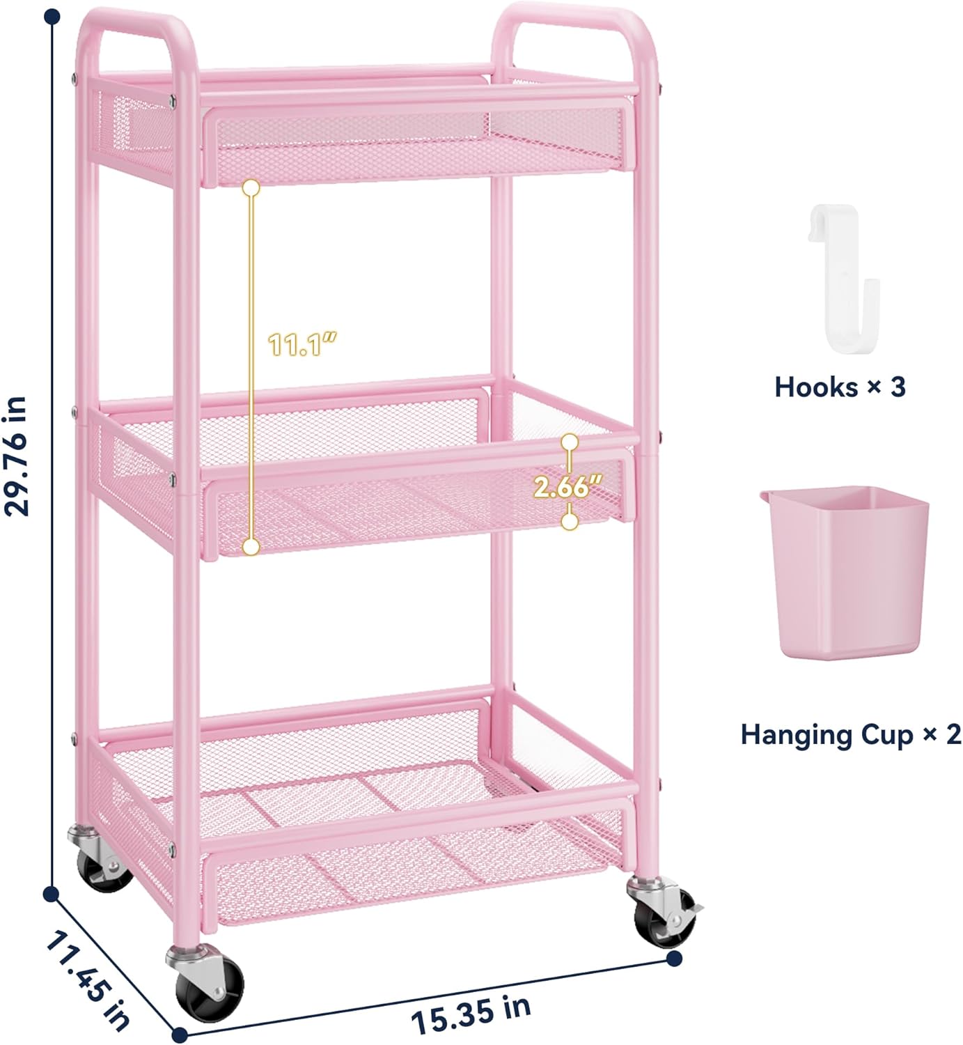 YASONIC 3 Tier Rolling Cart – Metal Utility Storage Cart with Wheels, Craft Cart Organizer with Hanging Cups, Hooks, Mesh Basket for Bedside Kitchen Office Art, Pink