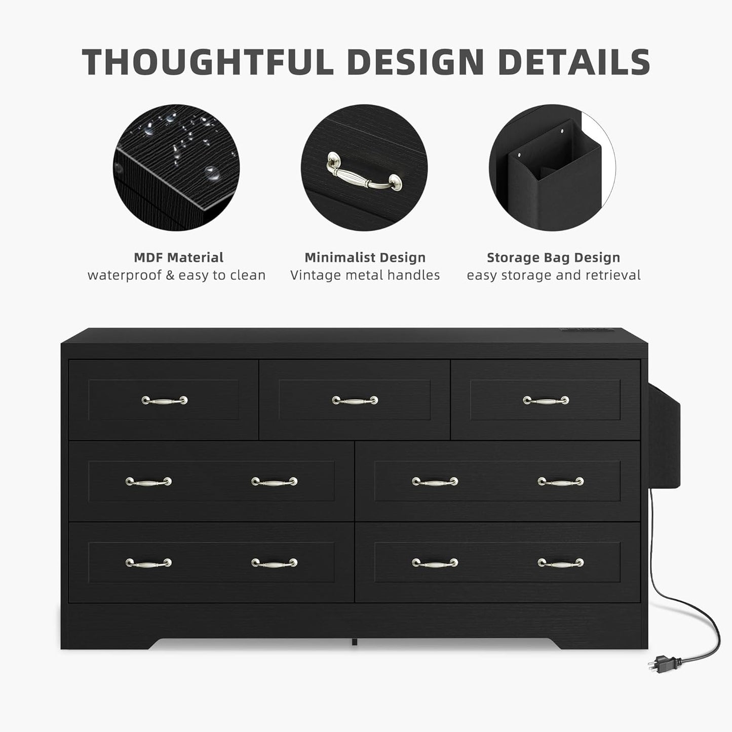 YITAHOME Drawers TV Stand for 65 inches with Power Outlets -Chest of Drawers Dresser with Side Organizer Bag Entertainment Center TV Console, Black
