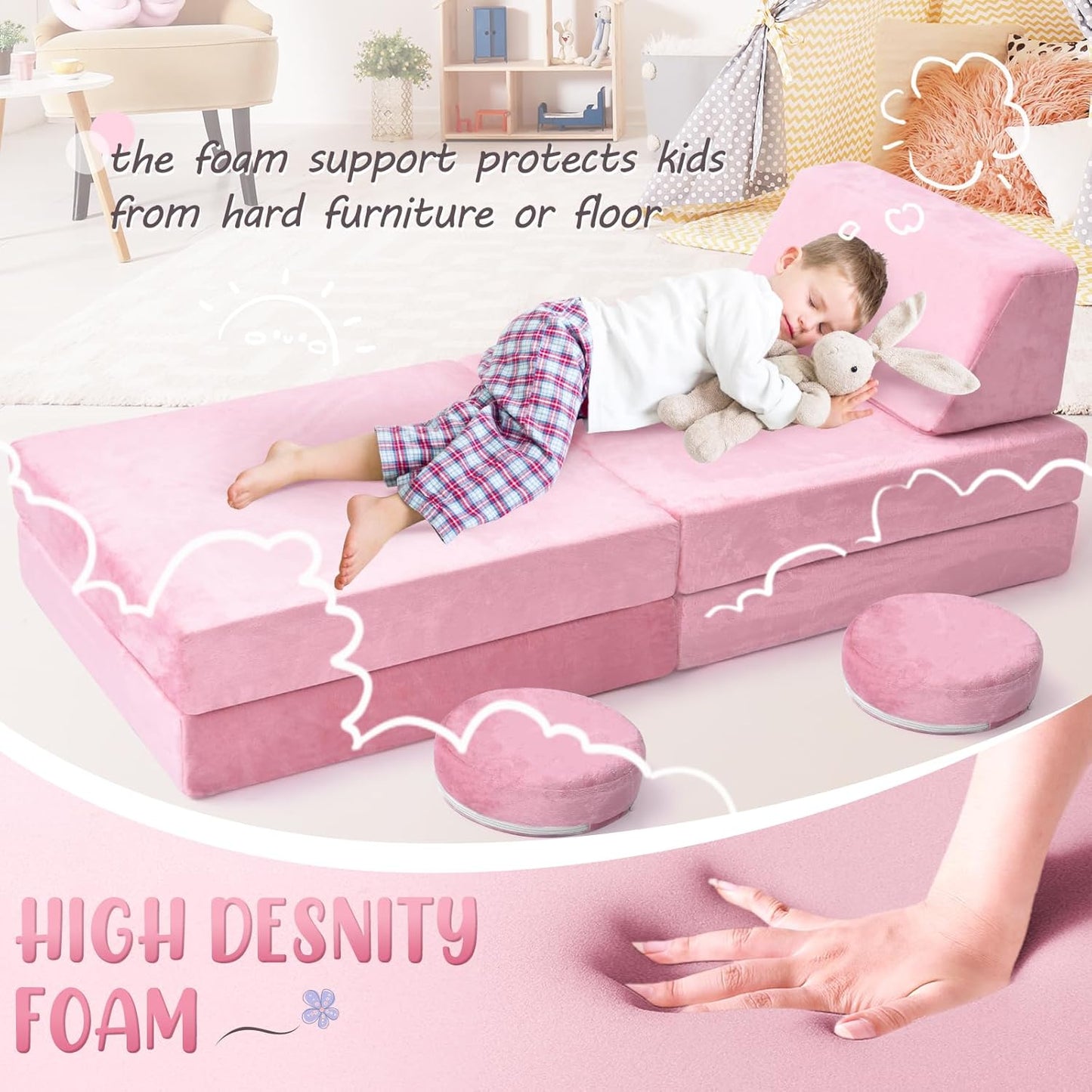 10Pcs Kids Play Couch,Toddler Sofa,Modular Kids Couch for Playing, Creativing, Sleeping (Pink)