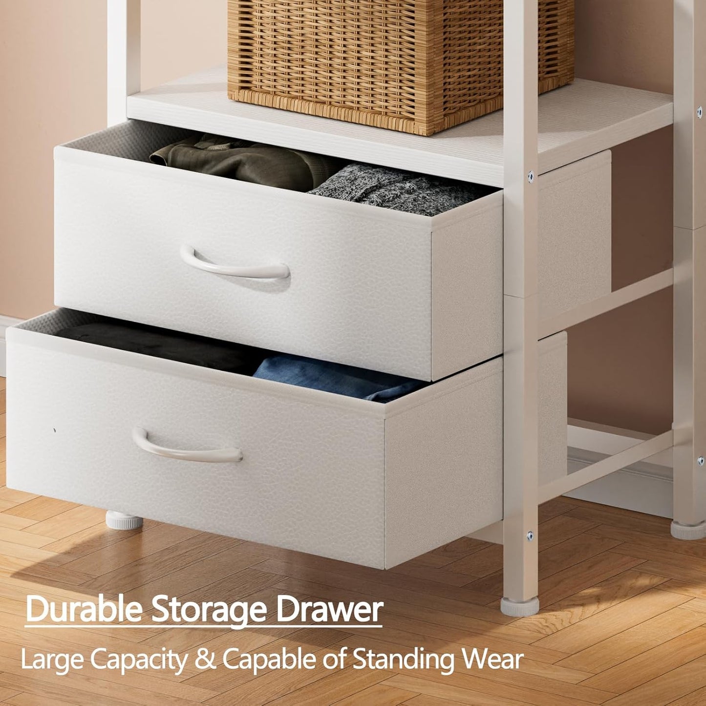 Furnulem 5-Tier Corner Shelf, Narrow Bookshelf with 2 Storage Drawers, Tall Bookcase, Wood Display Standing Shelf Organizer Unit for Living Room, Bedroom, Metal Frame(White)