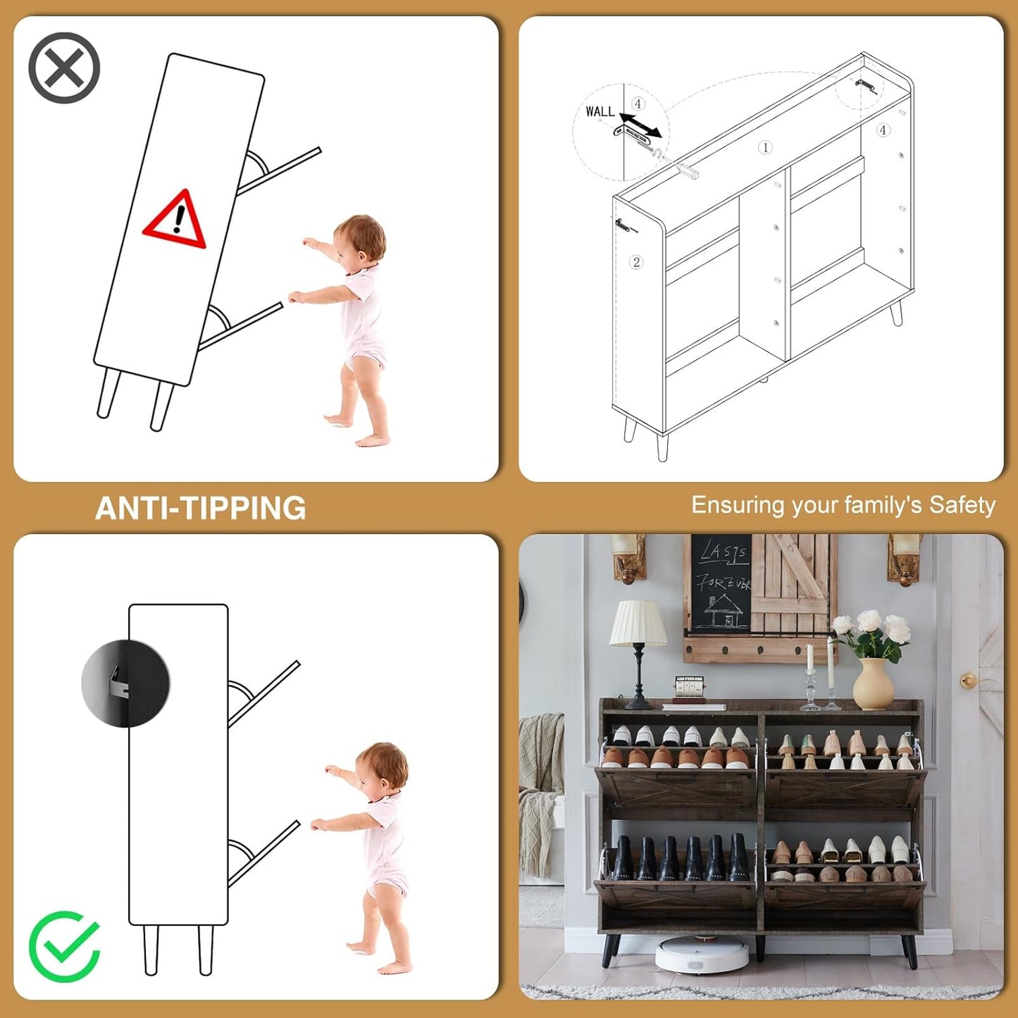 Shoe Storage Cabinet,Farmhouse Shoe Organizer with 4 Flip Drawers & Barn Door Design,Freestanding Hidden Slim Narrow Shoe Rack Cabinet for Entryway,Foyer,Hallway,Rustic Brown