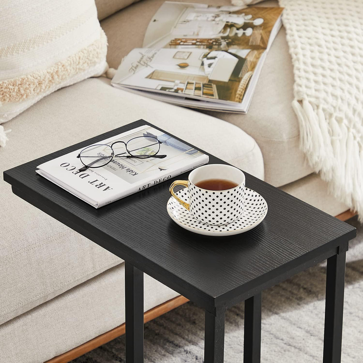 VECELO C Shaped End Side Table for Sofa Couch and Bed Snack TV Tray for Living Room Bedroom, 1 Set, Black