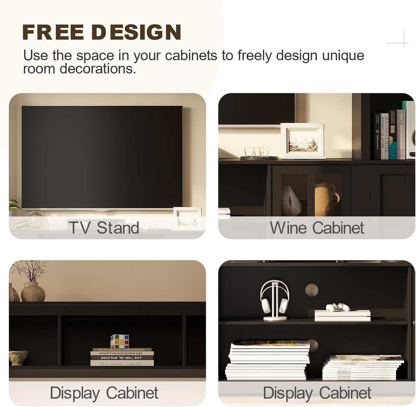 Wall Unit TV Stand with Storage & LED Lights, Large Entertainment Center with Bookshelves for TVs up to 75", Media Console for Living Room, Black