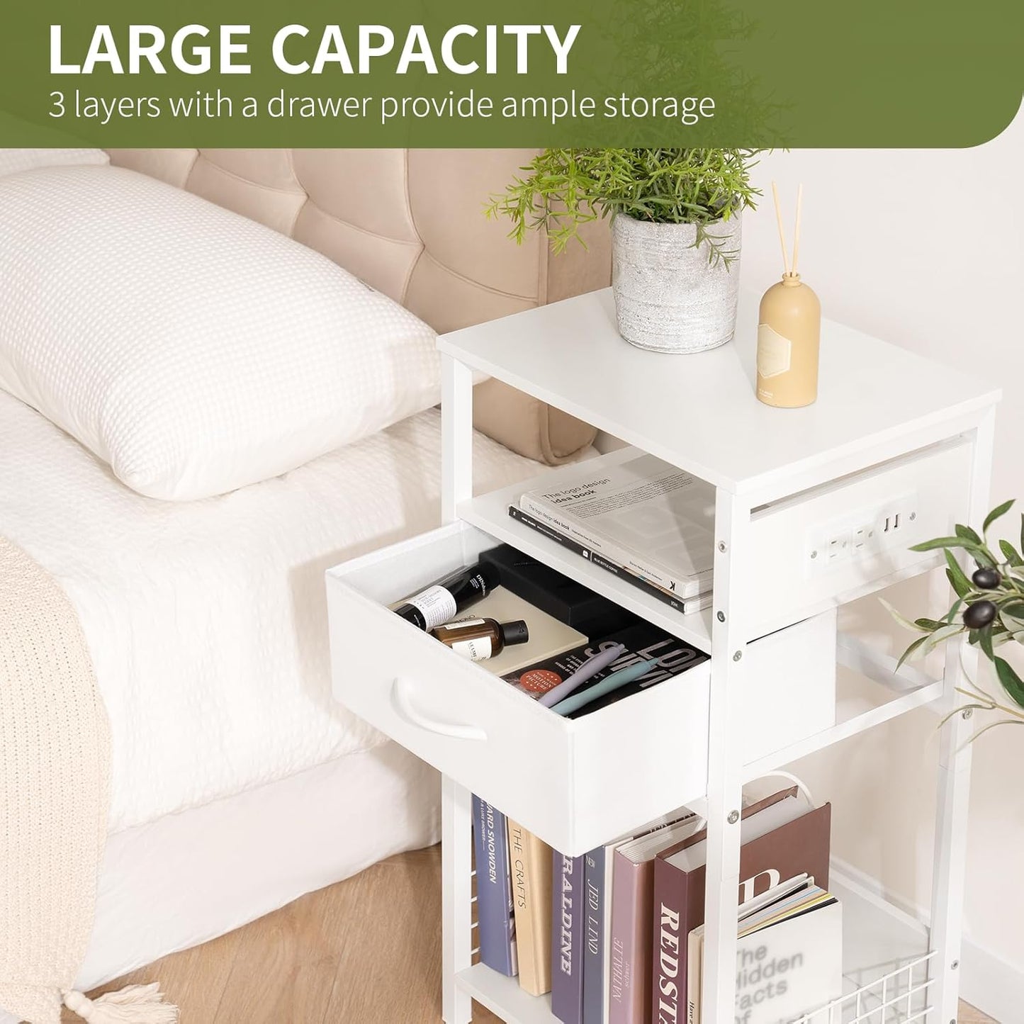 Yoobure Side Table - Night Stand with Charger Station & LED Light, 3 Tier Small End Table Living Room, Bedside Table with Drawer, Record Player Stand with Vinyl Storage, White Nightstand for Bedroom