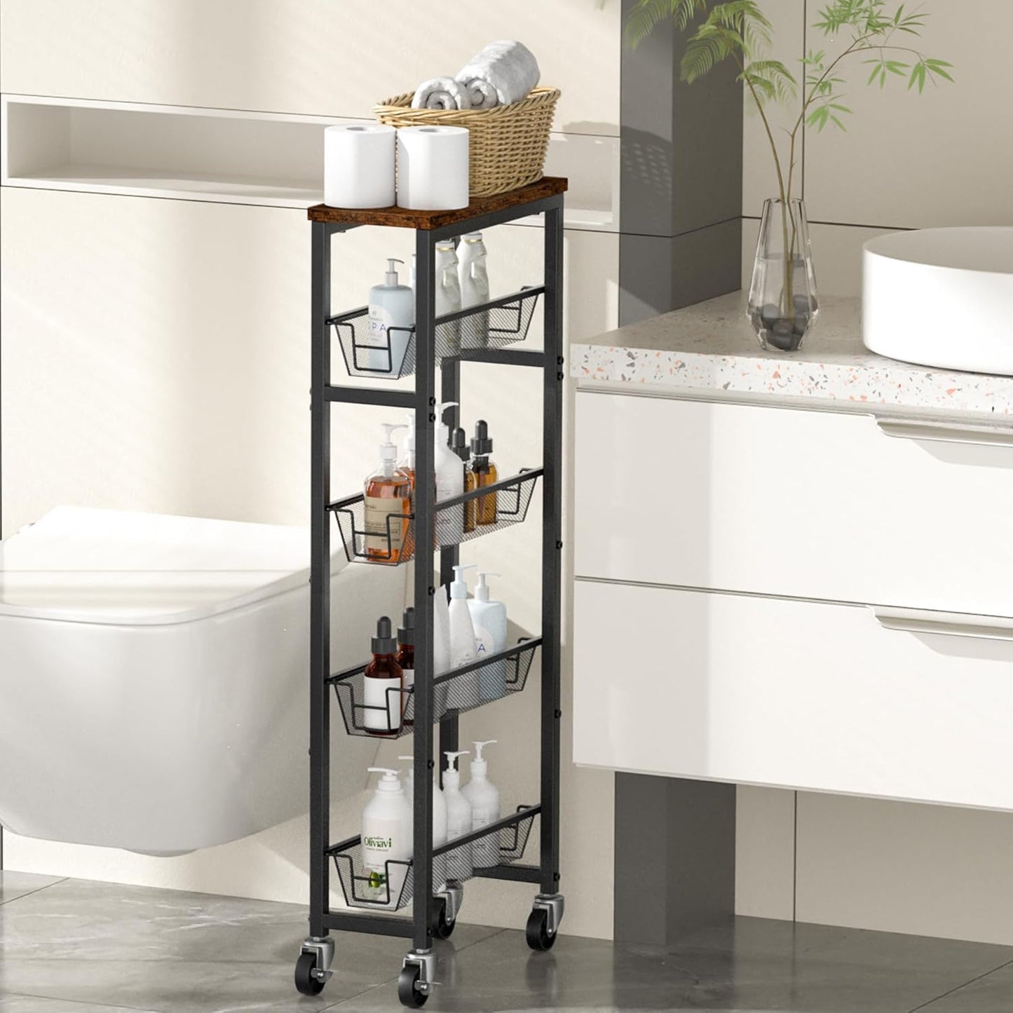 Honest Slim Storage Cart 4-Tier Slim Rolling Cart with Metal Frame and Wooden Top, 6.3 Inches, Storage Cart for Kitchen, Dining Room, Living Room, Bathroom, Home Office, Rustic Brown and Black