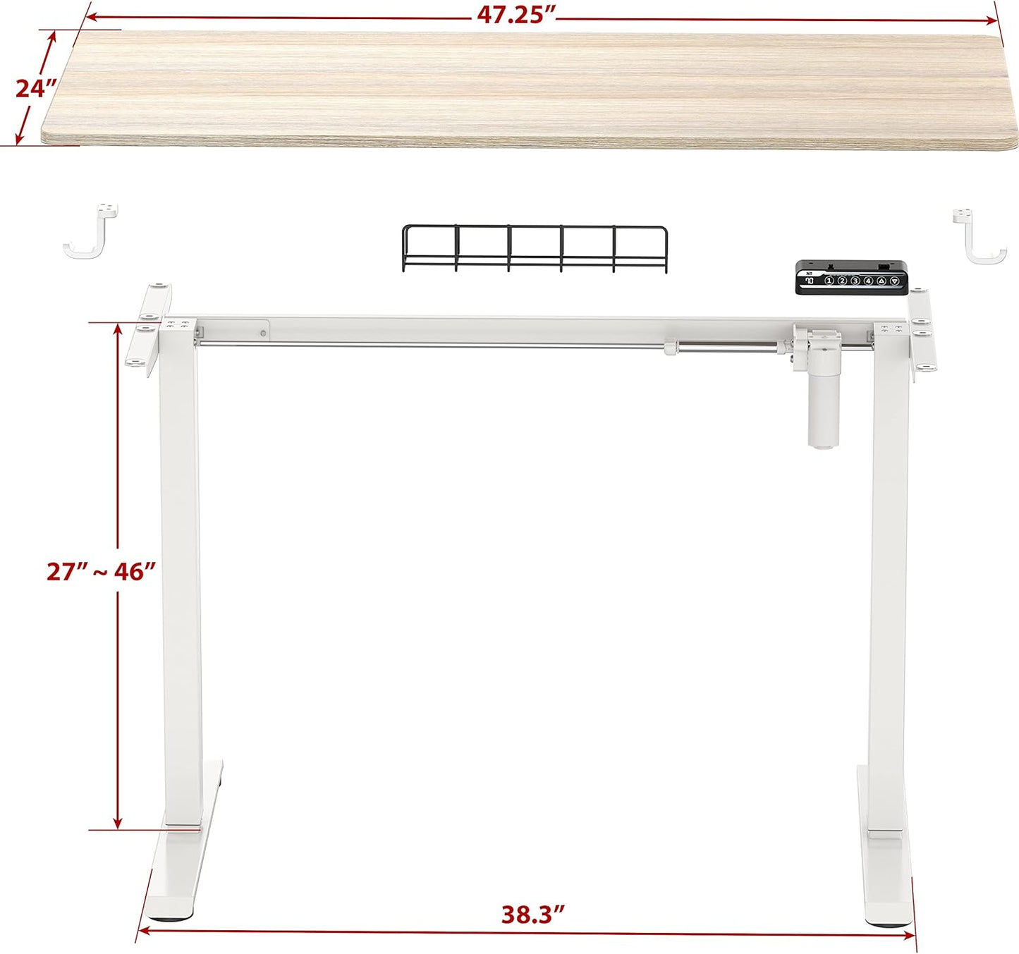 SHW 48-Inch Electric Height Adjustable Sit to Stand Desk with Hanging Hooks and Cable Management, White Frame and Maple Top