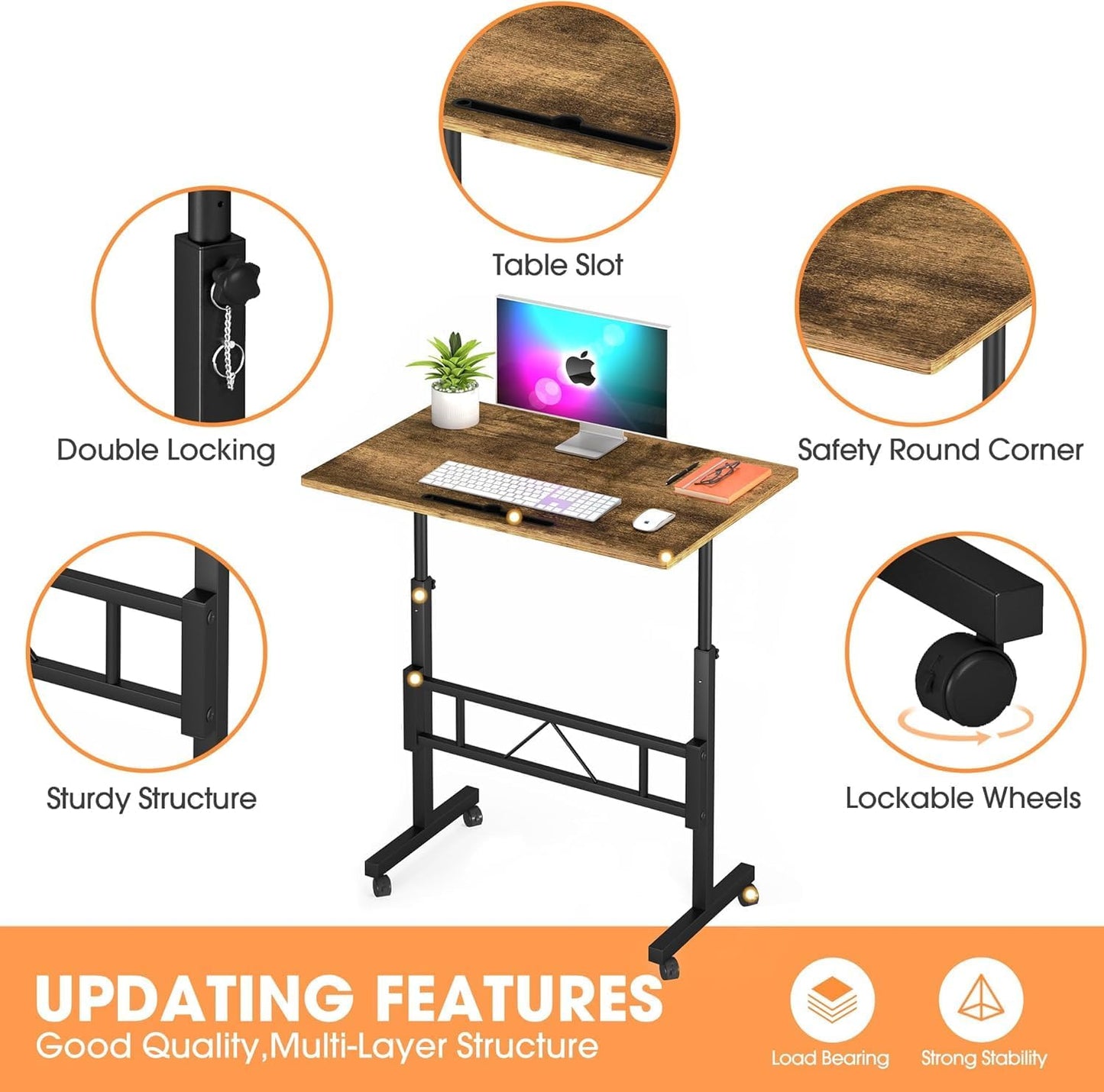 Klvied Small Standing Desk Adjustable Height, Mobile Table with Wheels, Portable Laptop Table, Standing Computer Desk for Walking Pad (Brown)