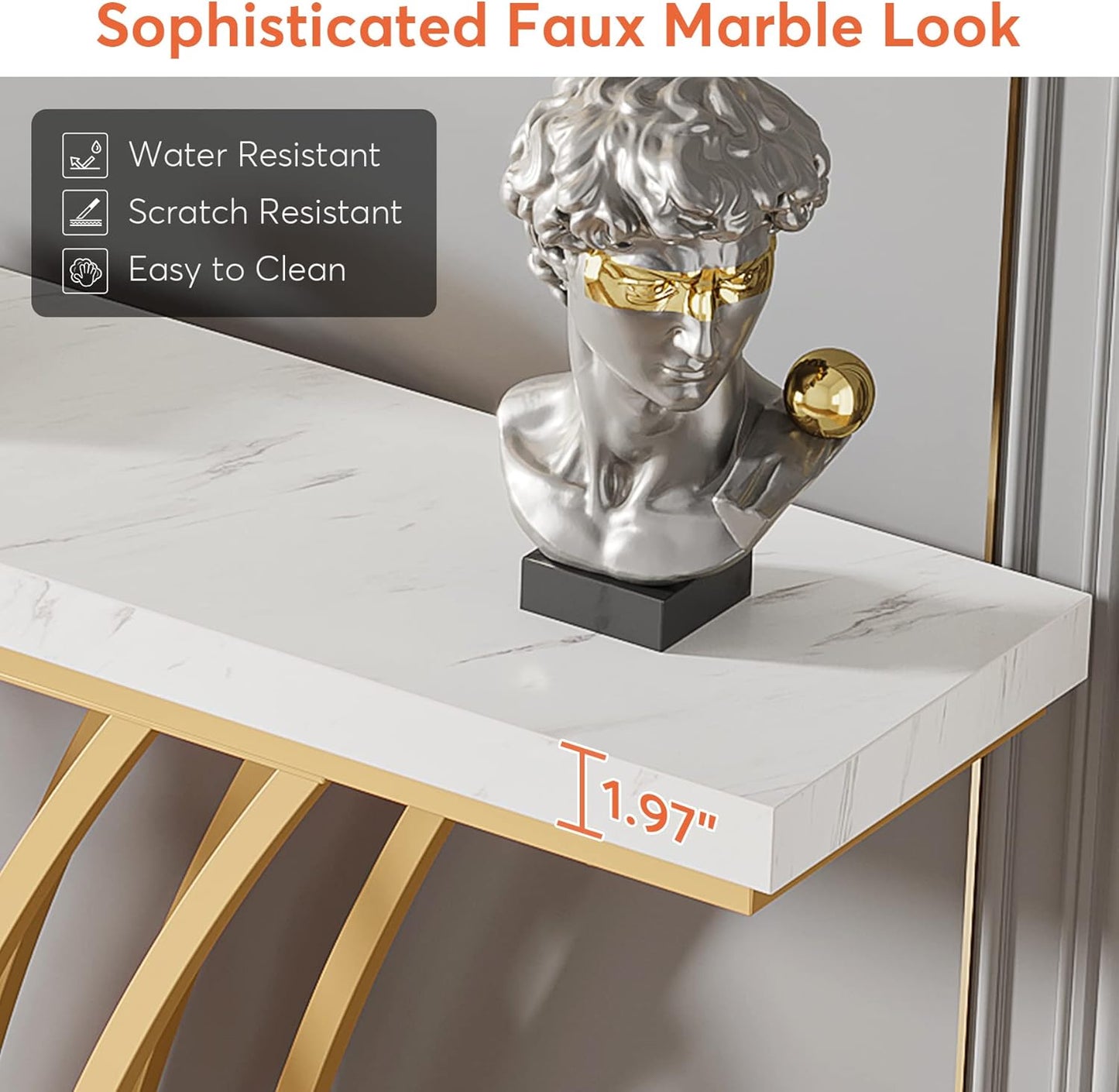 LITTLE TREE Narrow Entryway Console Table,Faux Marble White+Gold