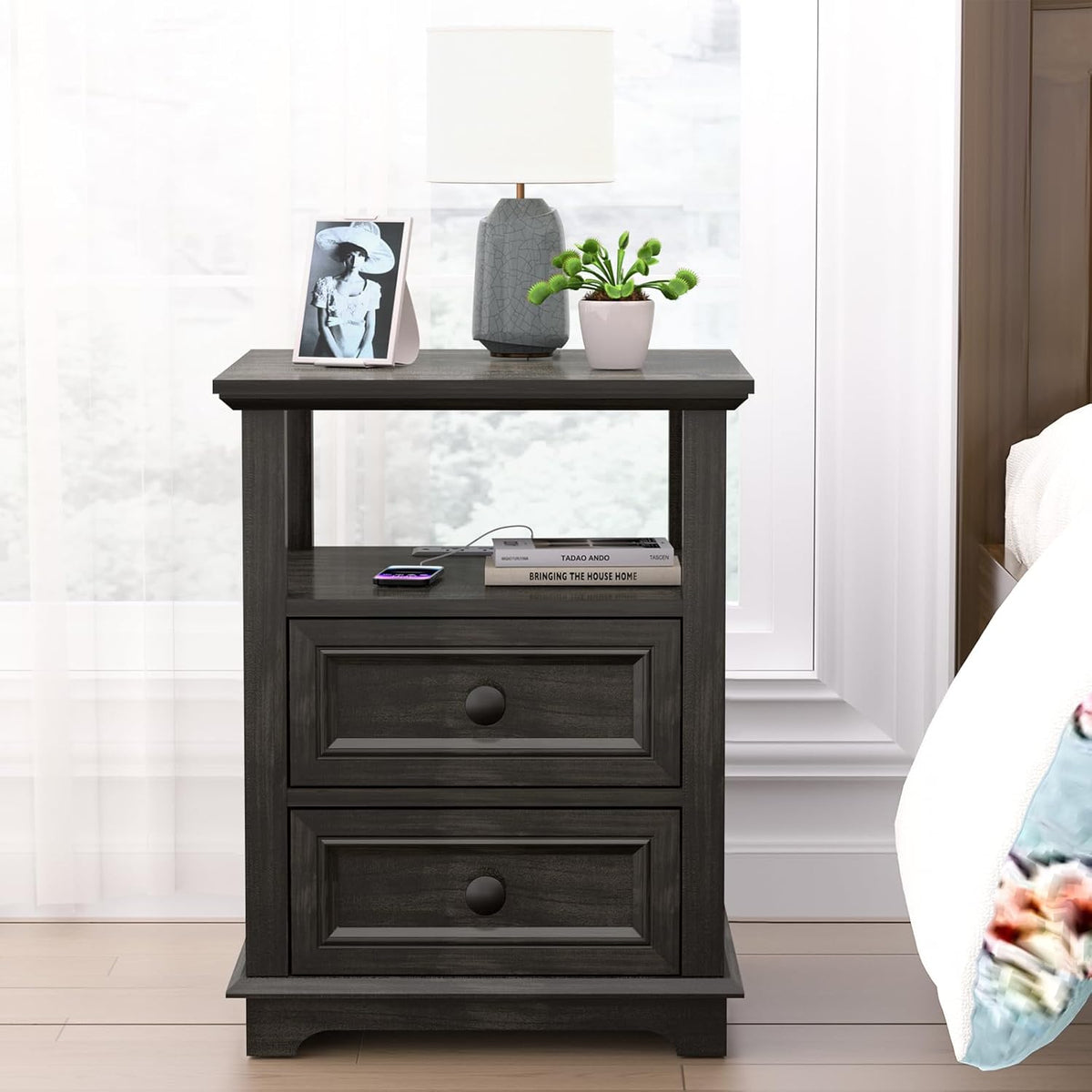 End Table with Fast USB C Charging Station,18" Wide Sofa Side Table with 2 Drawers, Large Storage Rustic Wood Square Storage Cabinet for Living Room, Bedroom, Office, Black