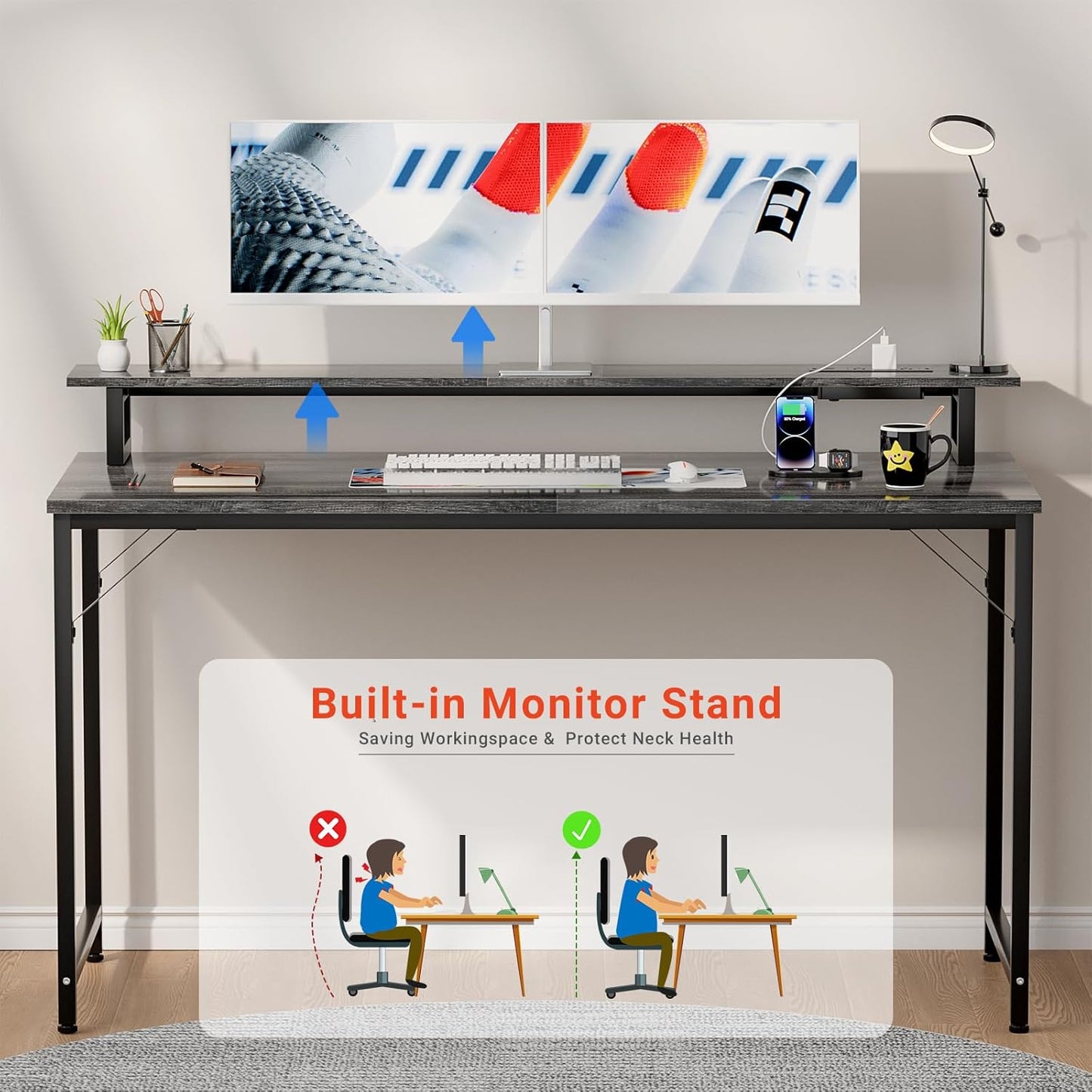 47 inch Computer Desk with Power Outlets, Gaming Desk with LED Lights, Home Office Work Desk with Monitor Shelf, Modern Office Desk Study Writing Table for Small Spaces, Black Oak