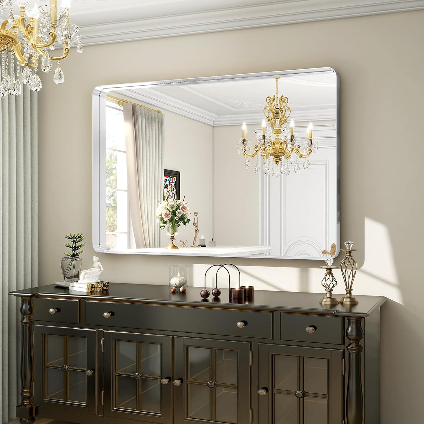 Silver Bathroom Mirror for Wall, 40x30 Inch Rectangular Aluminum Alloy Framed Mirror, Modern Wall Mounted Vanity Mirror for Bathroom, Vertical or Horizontal