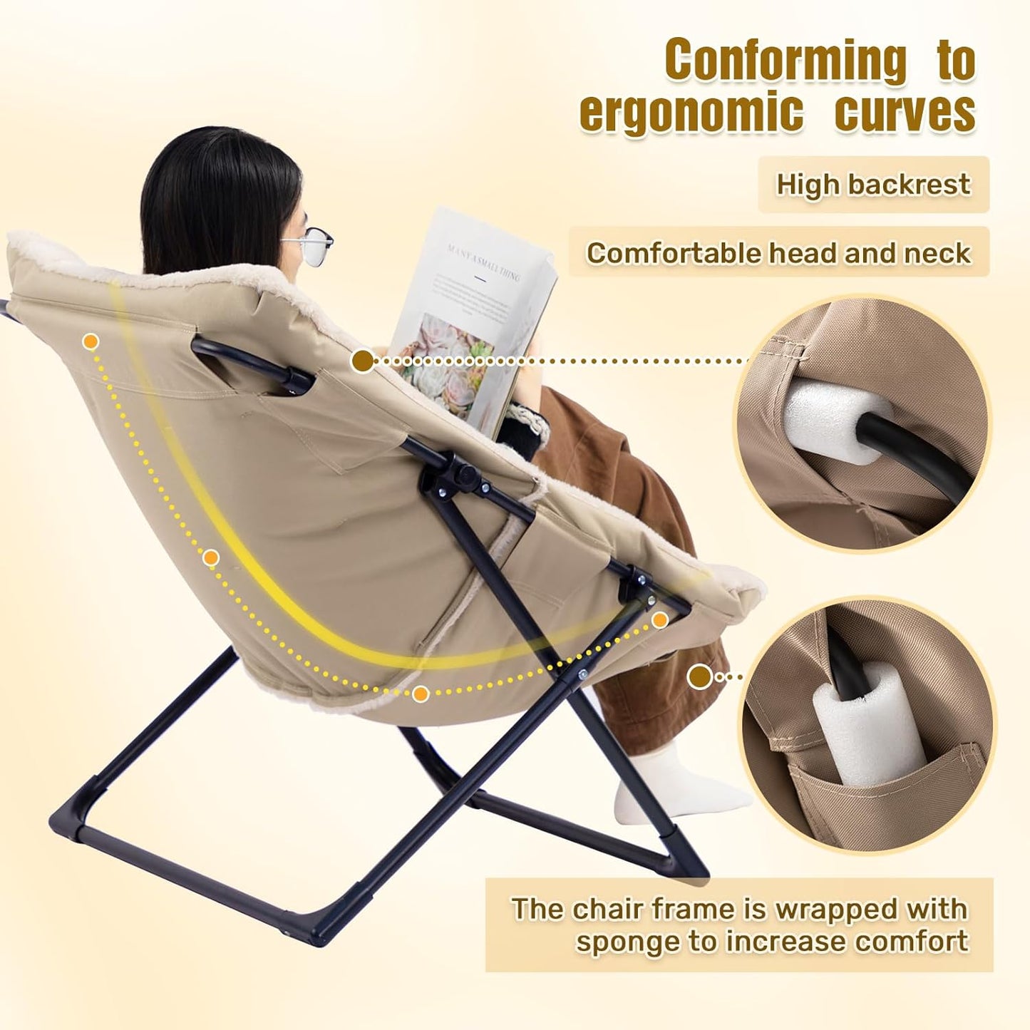 HollyHOME X-Large Saucer Chair with Foldable Ottoman, Comfy Oversized Folding Chair and Folding Footrest Stool Set, Faux-Fur Reading Chair and Footstool for Living Room, Light Khaki Chair&Stool