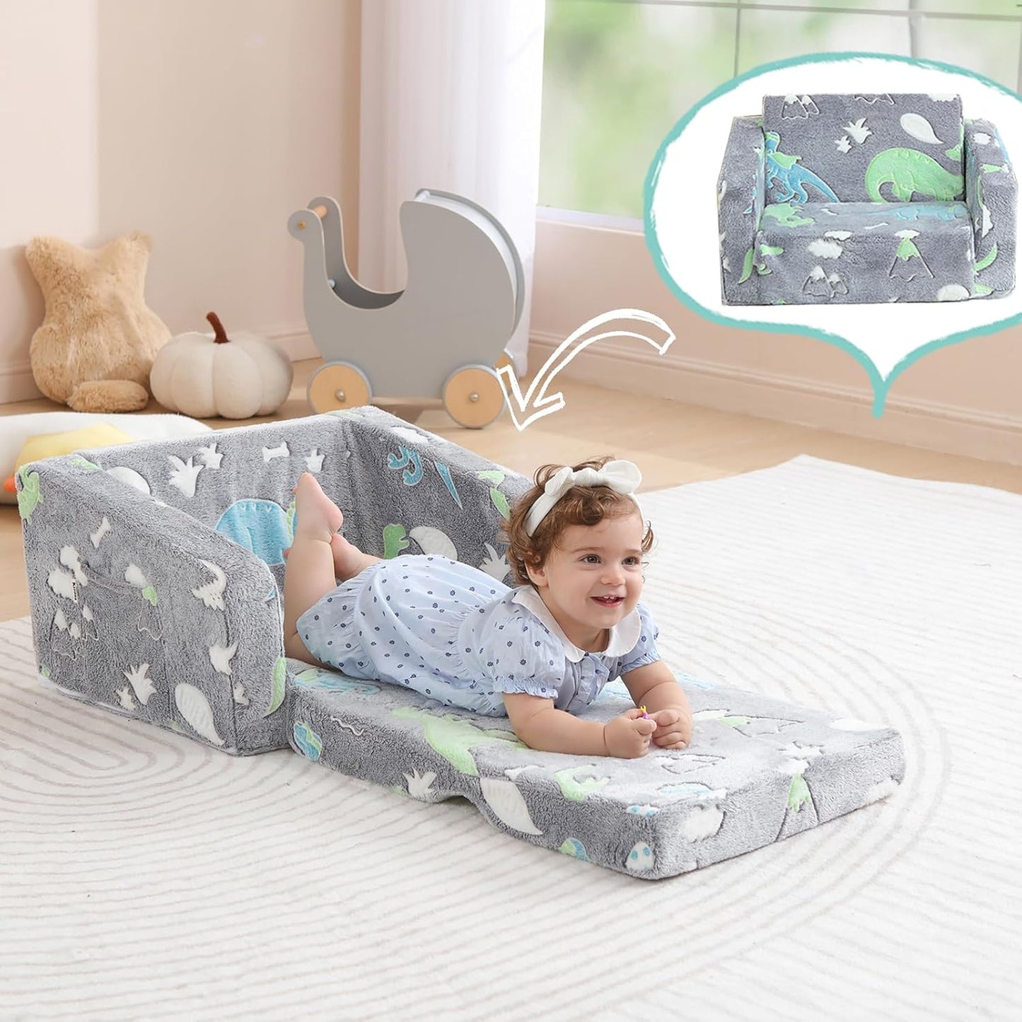 Toddler Couch Fold Out, Foldable Kids Couch with Blanket, Flip Out Toddler Chair, Foam Sofa for Girls & Boys, Convertible Sofa to Lounger for Children Age 1-3 (Glow Dino Grey)