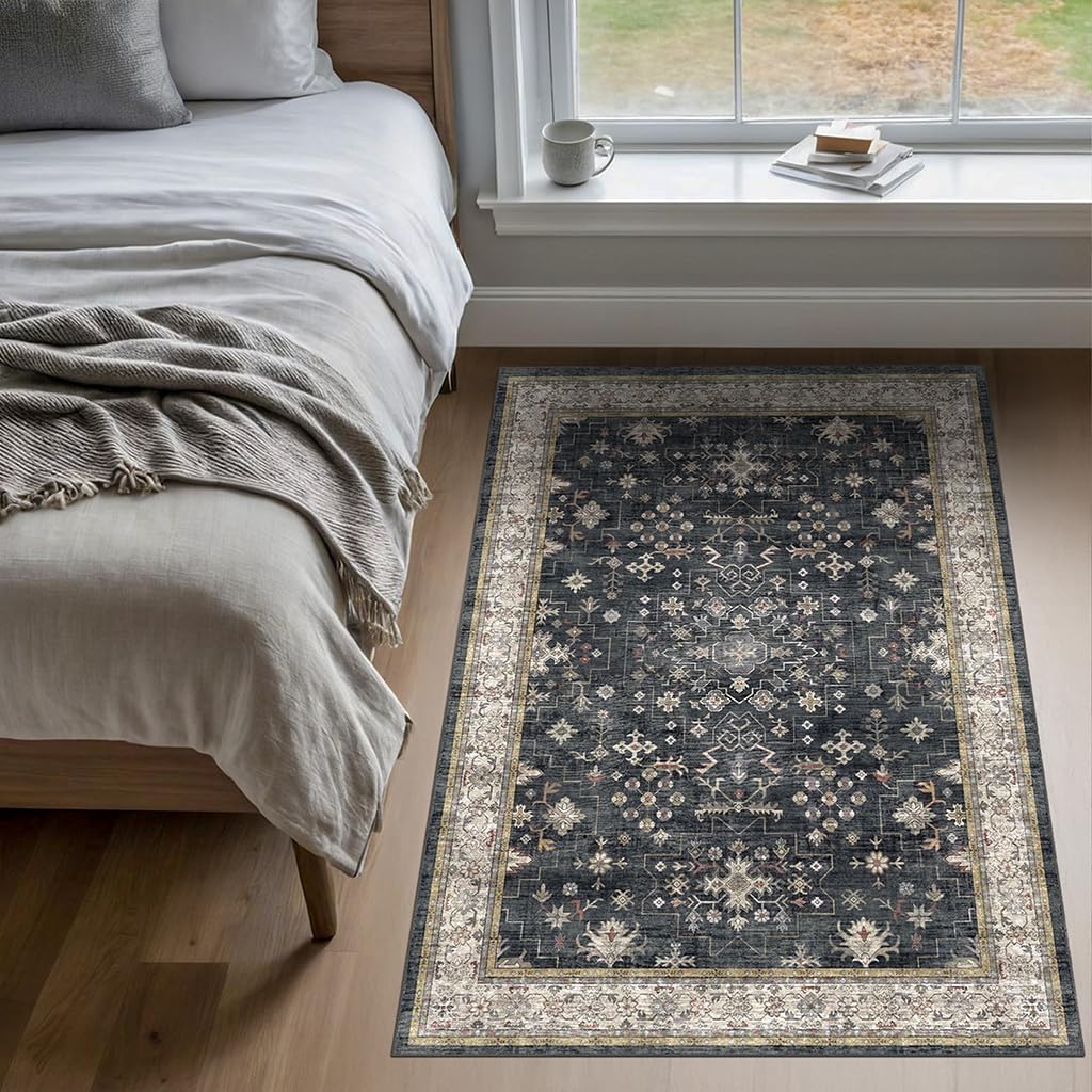 Large 3x5 Entryway Rug Indoor - Washable Non-Slip Low Pile Ultra Soft Area Rug for Large Kitchen, Bedroom Bedside, Mudroom - Boho Modern Aesthetic Geometric Decor (3x5 Black/Multi)