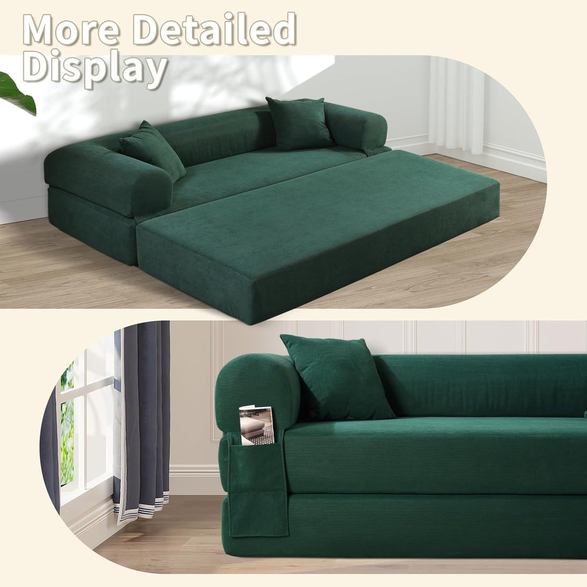 80" Convertible Sofa Bed, 3-in-1 Corduroy Folding Pull Out Couch with Pillows, No Assembly Modern Boneless Couch Compression Sofa in Box, Floor Sofa with Side Storage Pocket for Living Room,Dark Green