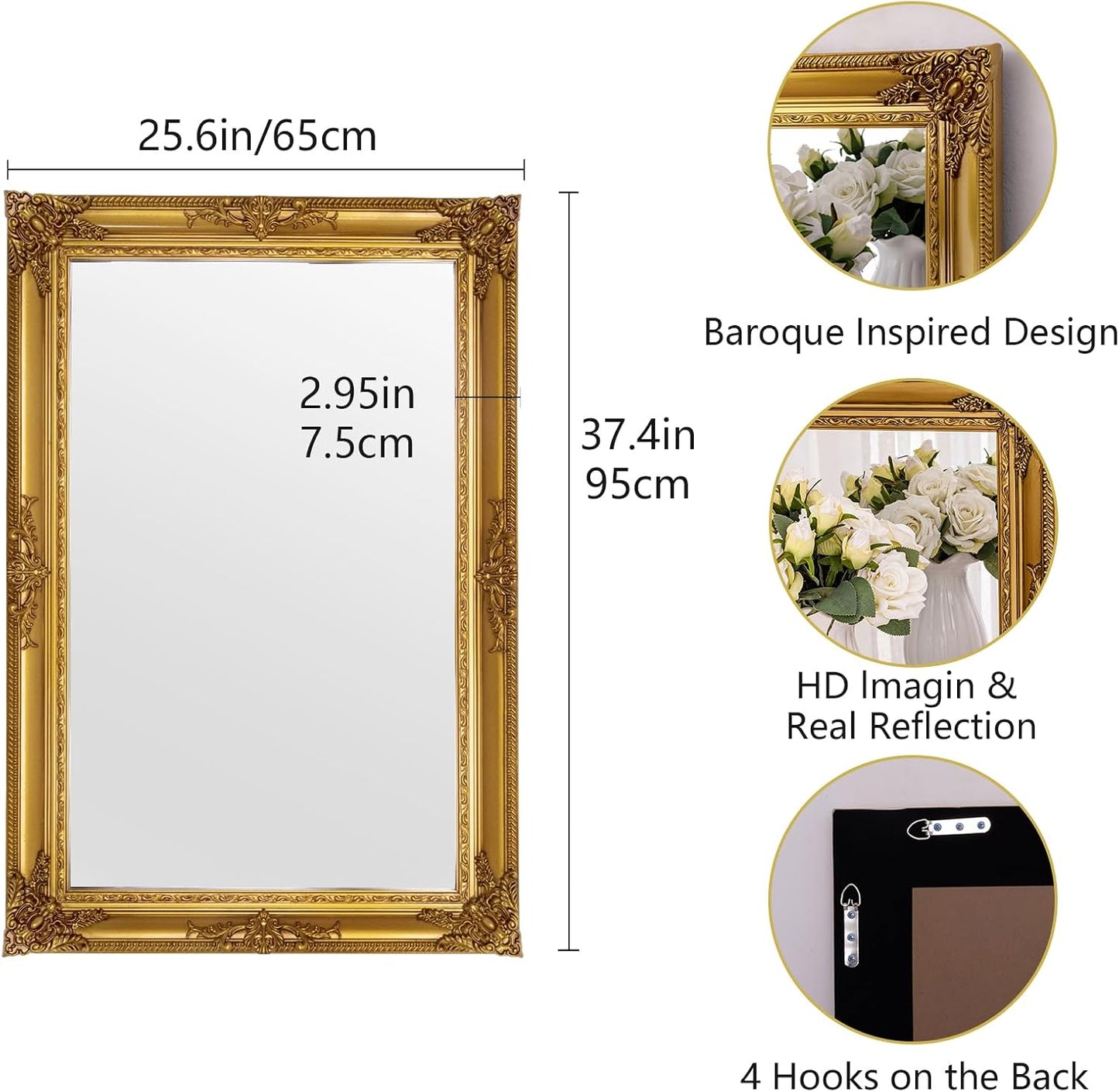Large Antique Wall Decorative Mirror, 29.5" x 41" Gold Traditional Baroque Inspired Wall Decor Mirror, Vintage Wall Mirrors for Bedroom, Entryway, Dining Room, Fireplace