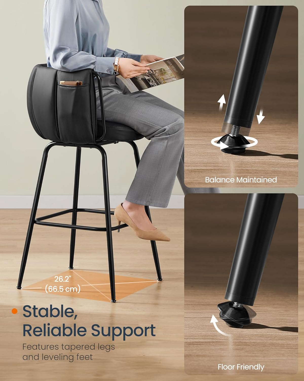 SONGMICS HOME 360° Swivel Bar Stools Set of 2, Barstools with Curved Back, Upholstered Counter Bar Stools with Footrest, Metal Tapered Legs, for Kitchen Island, Dining Room, Ink Black ULBC123B02