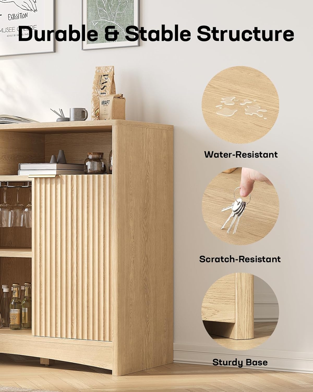 Marsail 47.2" Bar Cabinets with Storage, Modern Buffet Cabinet, Large Sideboard with 2 Fluted Panel Doors, Coffee Bar Cabinet with Adjustable Shelf and Glass Rack for Kitchen, Living Room, Natural Oak