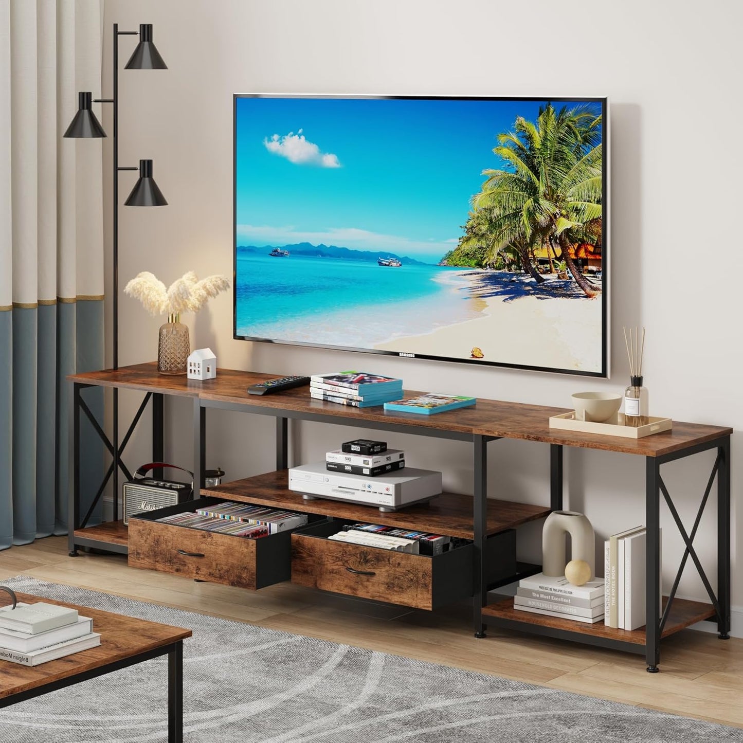 TV Stand with Fabric Drawers for 80 85 Inches TV - Entertainment Center and Industrial TV Console Table with Open Storage Shelves for Living Room, Bedroom- 79.1" Rustic Brown