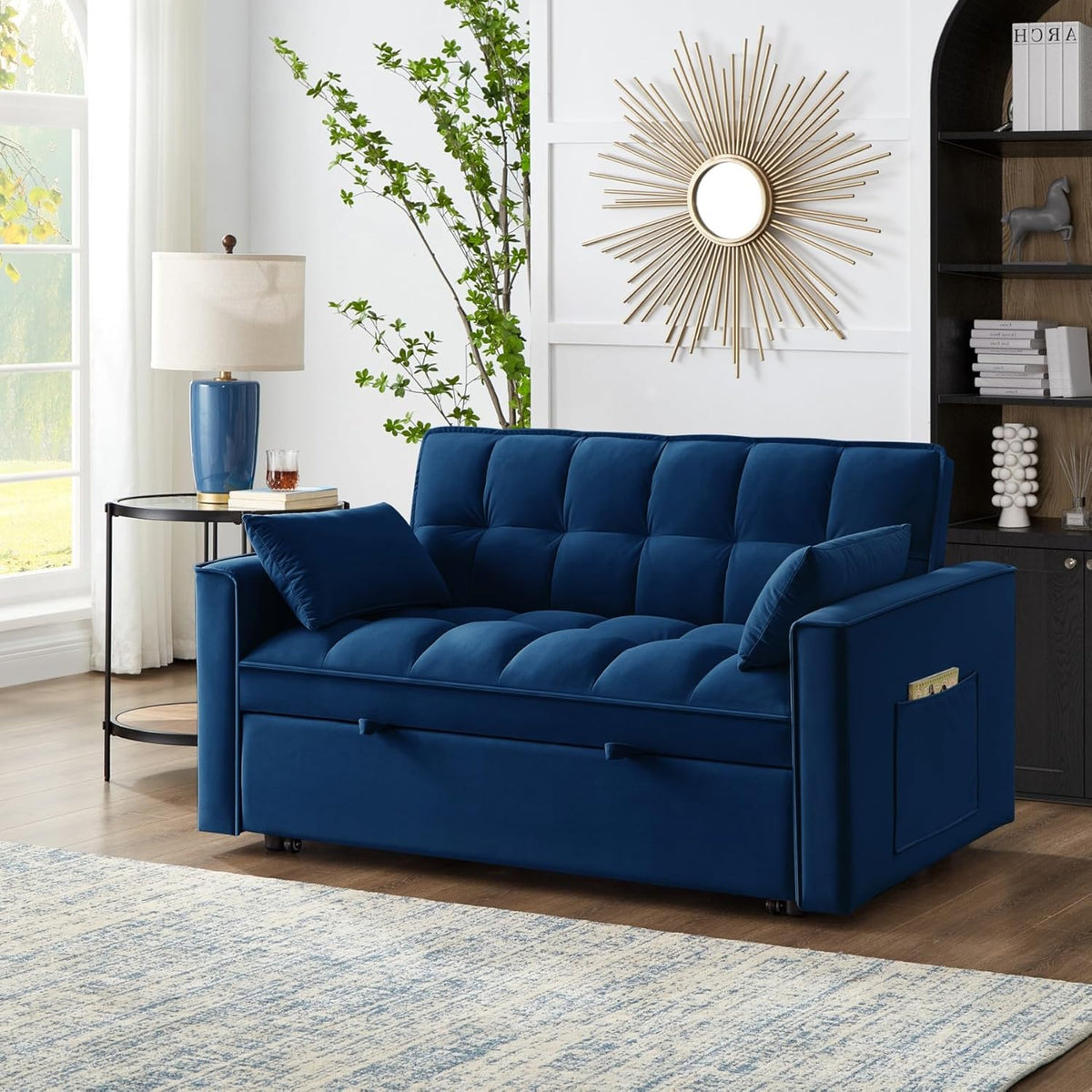 KEIKI Velvet Loveseat Convertible Sofa Bed Sleeper Chair with Adjustable Backrest, Pillows & Storage Pockets, 3 in 1 Pull-Out Couch Chaise Lounge Recliner for Living Room Balcony Bedroom, Navy