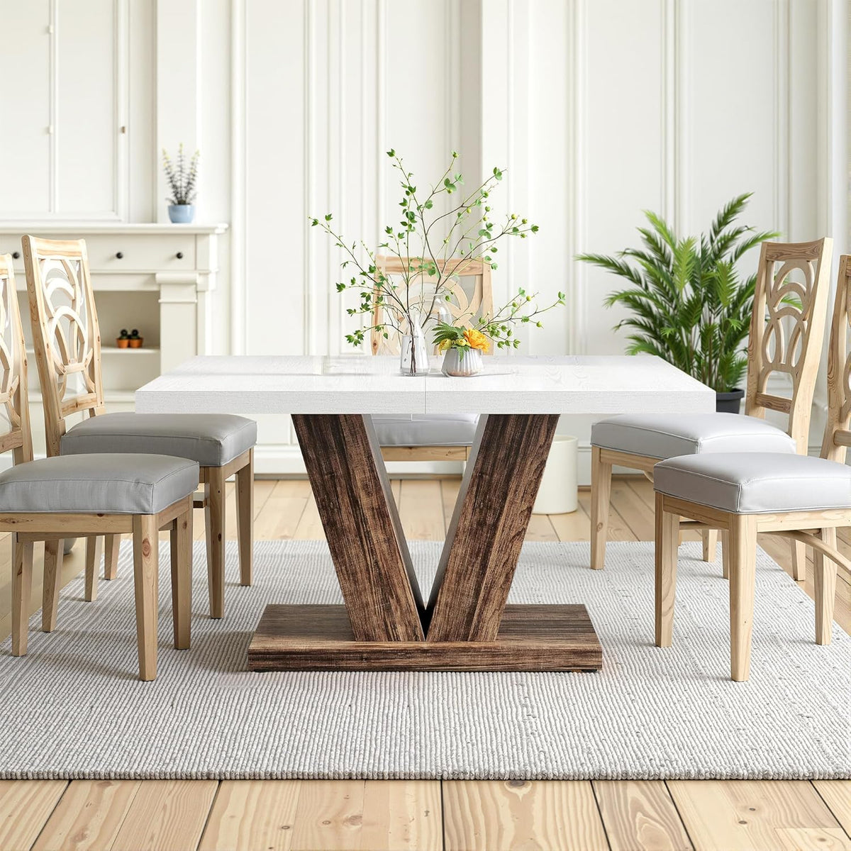47" Dining Table, Wooden Kitchen Dinner Table Heavy Duty, Farmhouse Table for Dining Room, Living Room Space Saving, White
