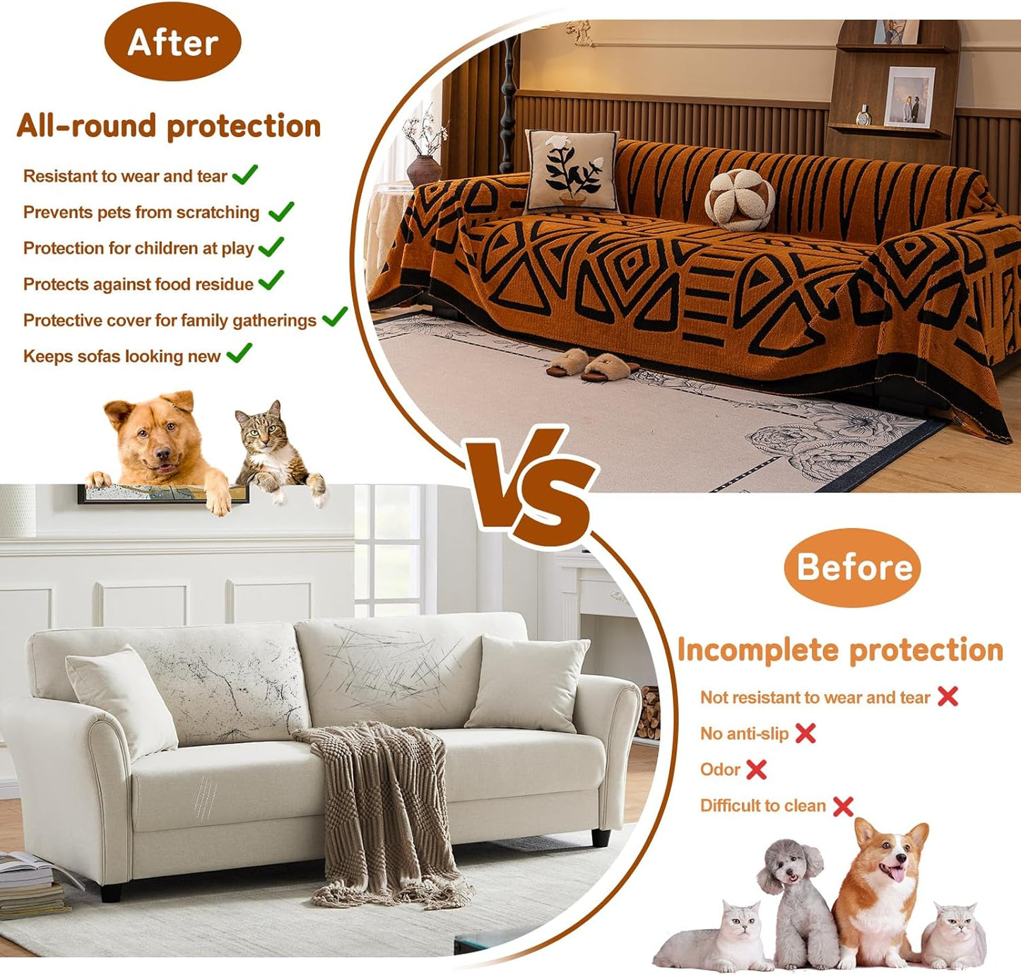 HANDONTIME Sofa Covers for Couch Pet-Friendly Caramel Black Couch Cover for Dogs Shu Velveteen Short Plush Sofa Covers for 3 Cushion Couch Boho Brunt Orange Furniture Protector Washable, 71" X118"