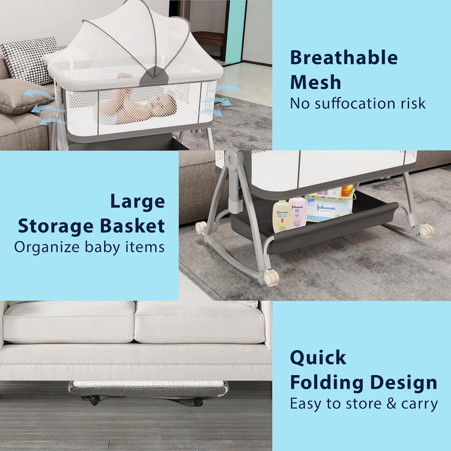 3 in 1 Baby Bassinet Bedside Sleeper with Mattress and Wheels, 5 Height Adjustable Bed Side Bassinets for Newborn, Gray Rocking Bassinet for Baby