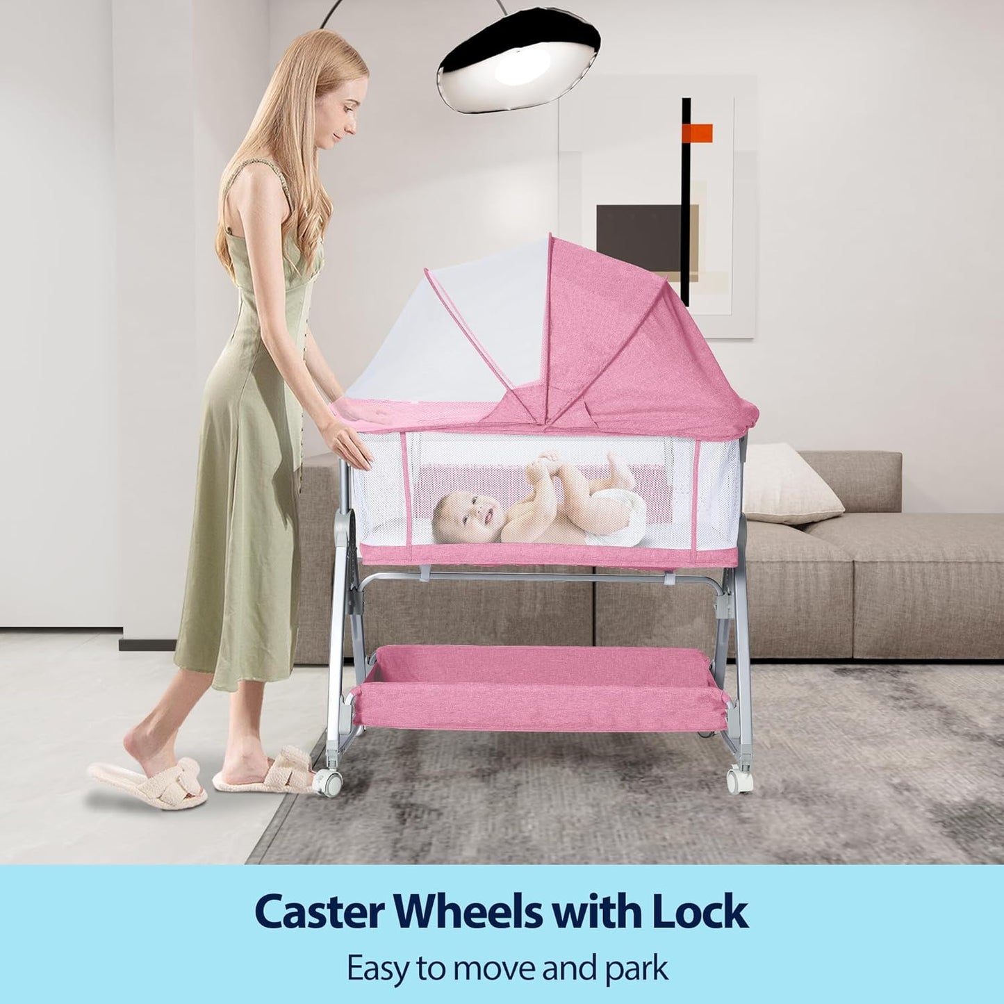 Baby Bassinet Bedside Sleeper, 3 in 1 Rocking Bassinet for Baby, Arms Reach Co Sleeper Bassinet with Wheels, Adjustable Height, Storage, Mattress & Canopy (Pink)