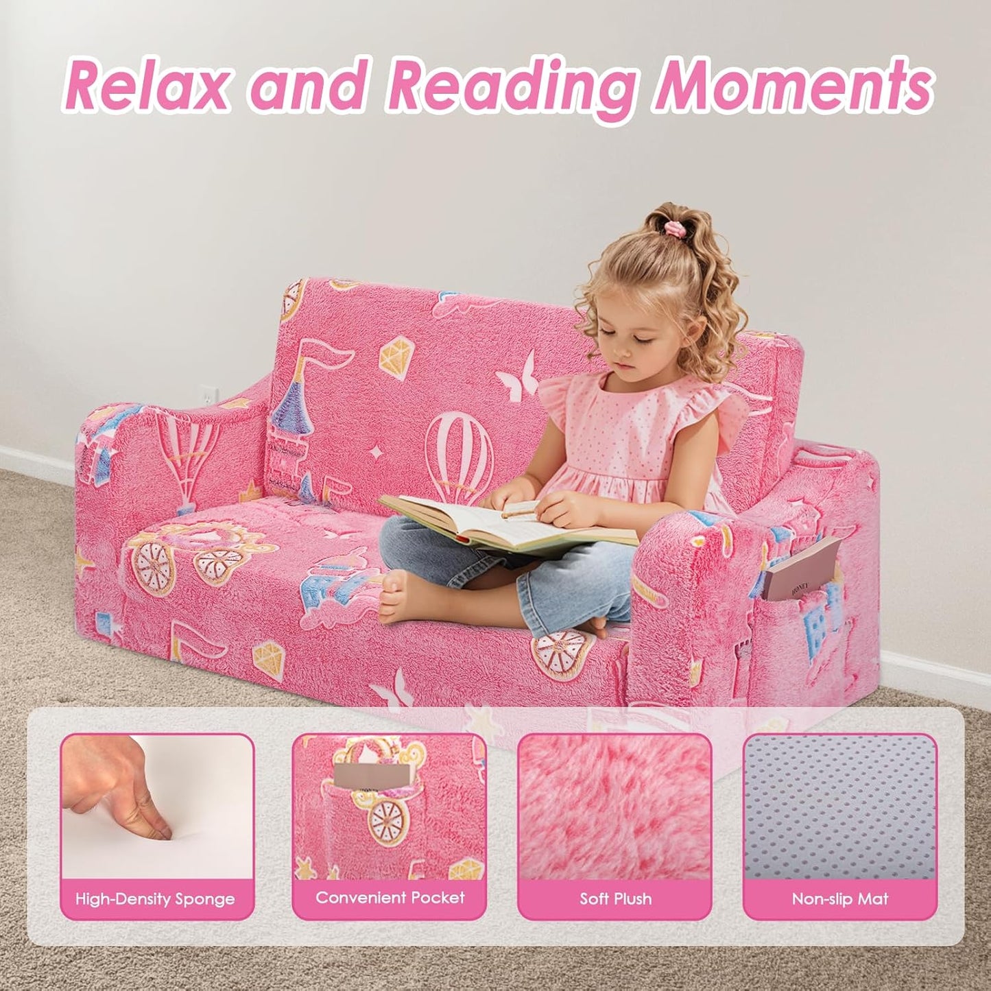 Kids Couch Extra Large,Glow in The Dark 2-in-1 Folding Kids Sofa Bed for Girls,2 Seats Convertible Sleeper Lounger Toddler Couch for Children Bedroom Playroom Nursery,Castle