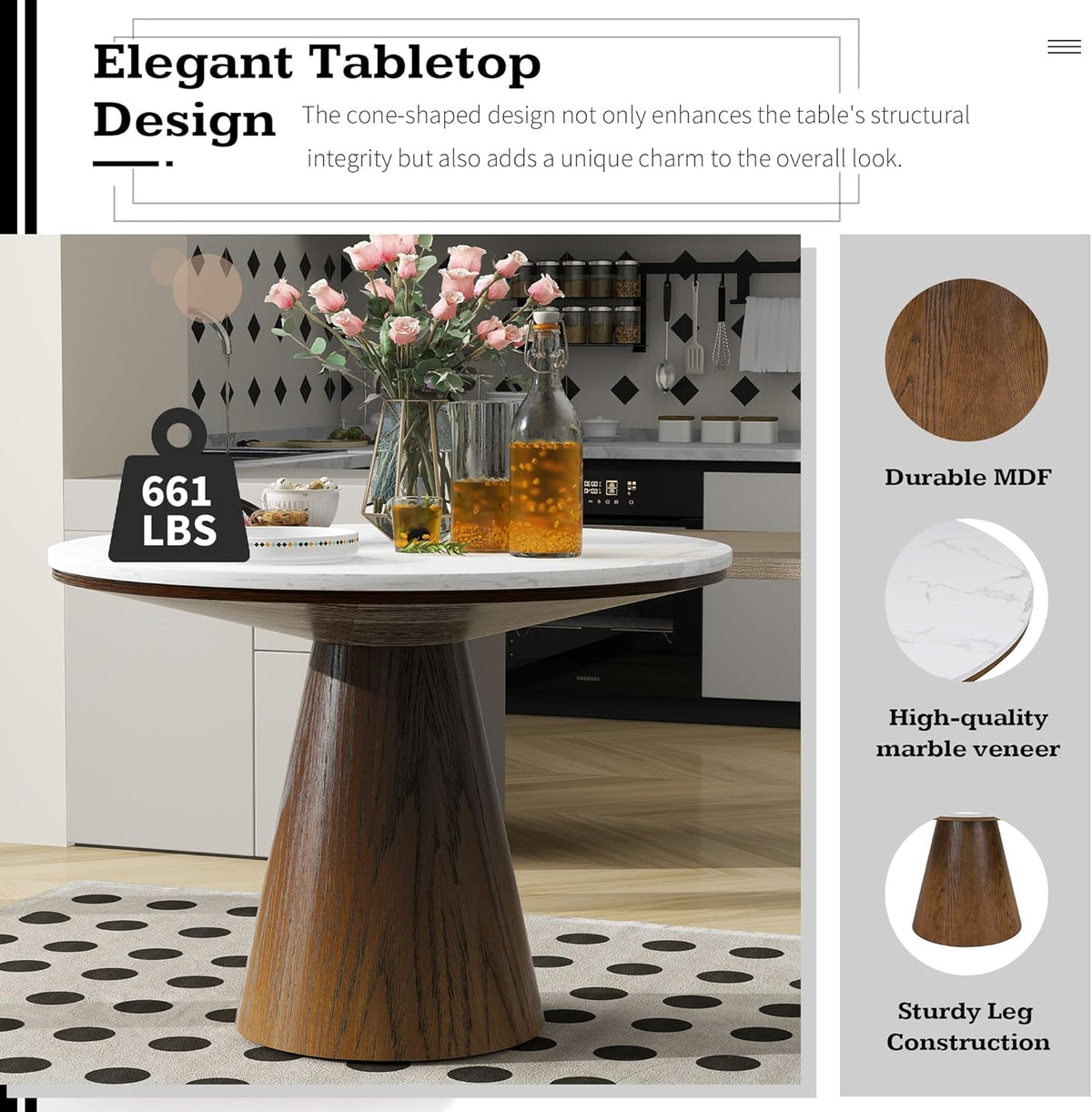 Wooden Kitchen Round Dining Table for 4-6, Round Kitchen Table with Circular Tabletop with Wood Pedestal Base, Rustic Farmhouse Furniture