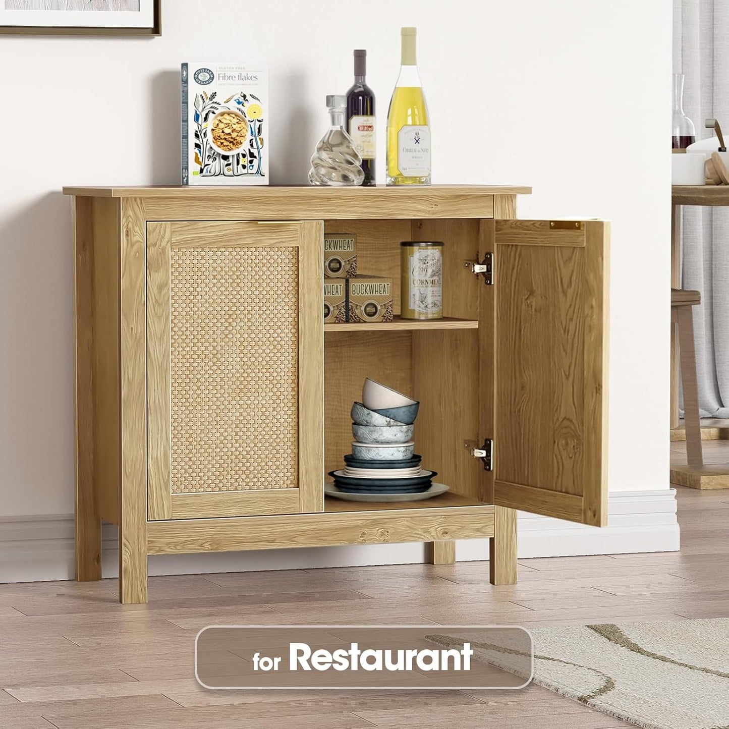 Giluta Sideboard Buffet Cabinet, Farmhouse Kitchen Cabinets with 2 Rattan Doors, 30''H Boho Cabinet for Entryway
