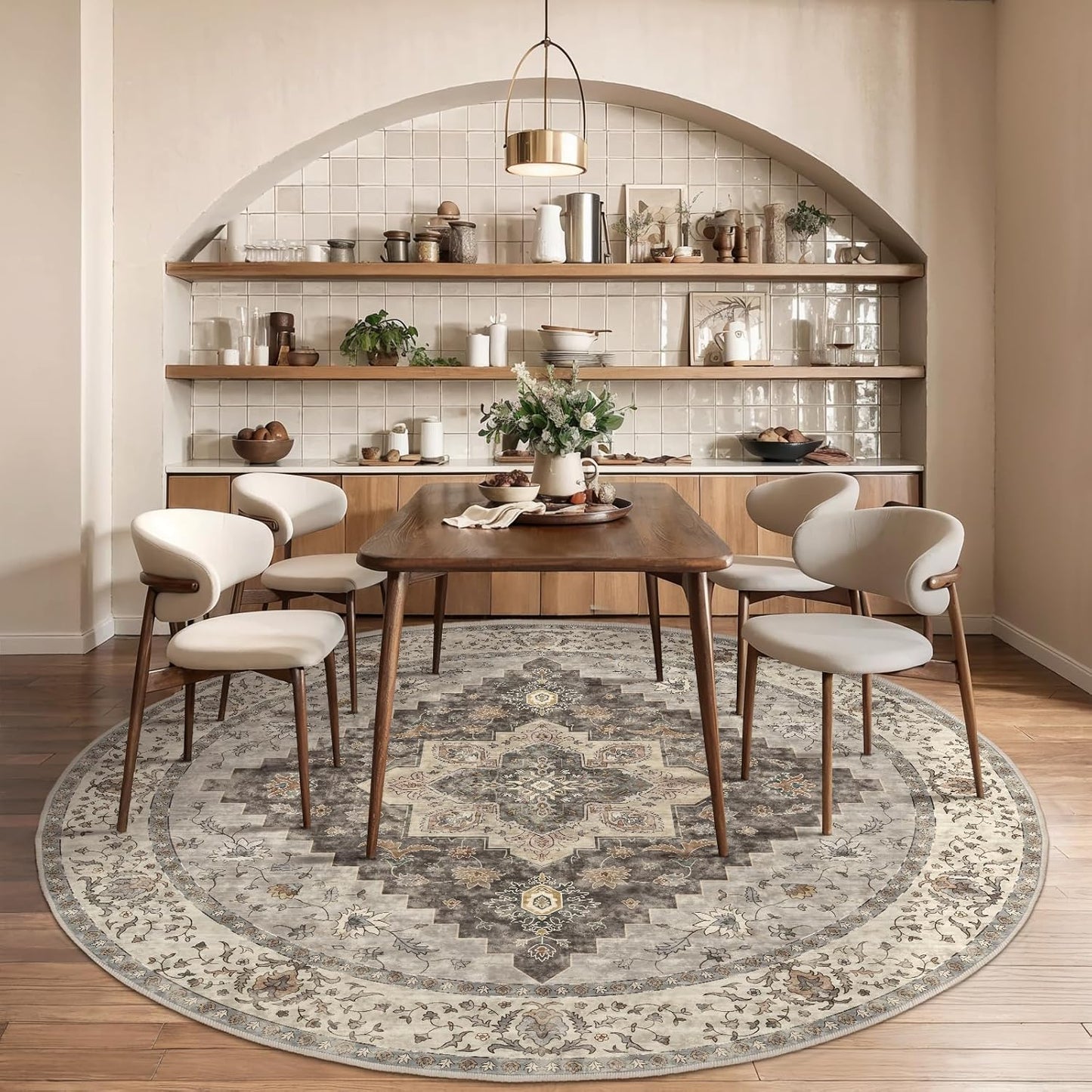 Tangsoo Vintage Round Rug 5ft, Washable Circle Rug, Non Slip Boho Round Area Rug, Low Pile Circular Rugs, Round Carpet for Bedroom,Livingroom,Nursery,Dorm,Office,Brown/Grey
