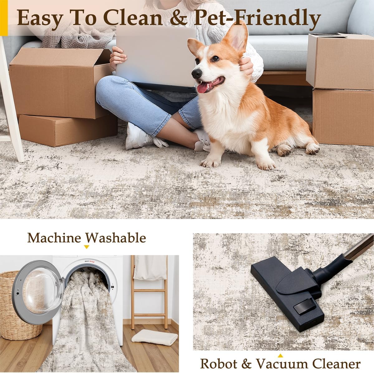 4x6 Washable Area Rug Brown Grey Neutral Abstract Entryway Kitchen Non Slip Low Pile Throw Rug Living Room Bedroom Indoor Doormat Soft Carpet for Entrance Bathroom Office