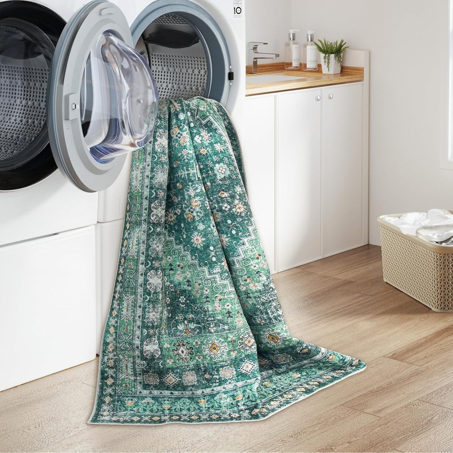 zesthome 8x10 Area Rugs for Living Room,Non-Slip Backing Washable Rugs,Vintage Large Area Rug,Stain Resistant Home Decor Rug(Green/Teal,8'x10')