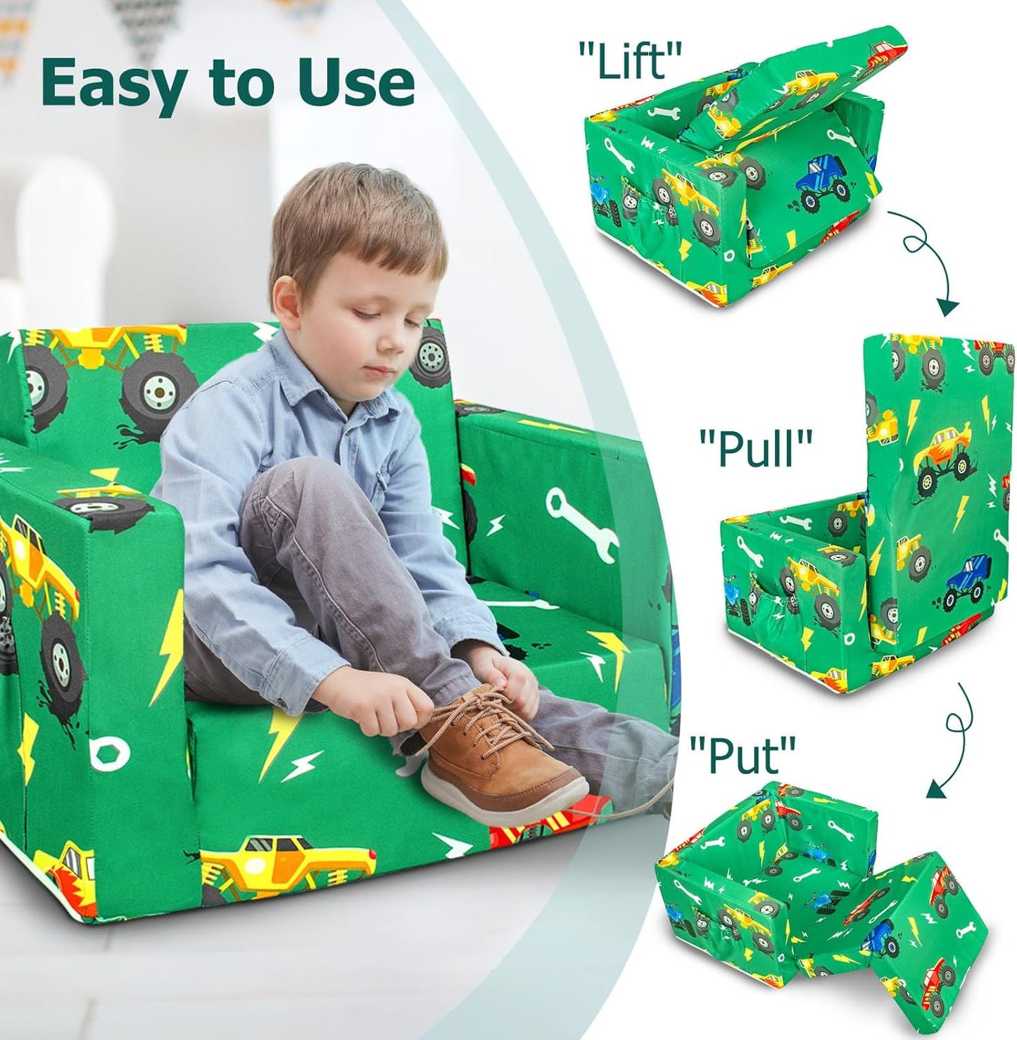 Kids Couch, 2-in-1 Kids Fold Out Sofa, Convertible Toddler Couch to Lounger for Girls and Boys, Soft Toddler Chairs Comfy 1-3 Years Old (Green Monster Truck)