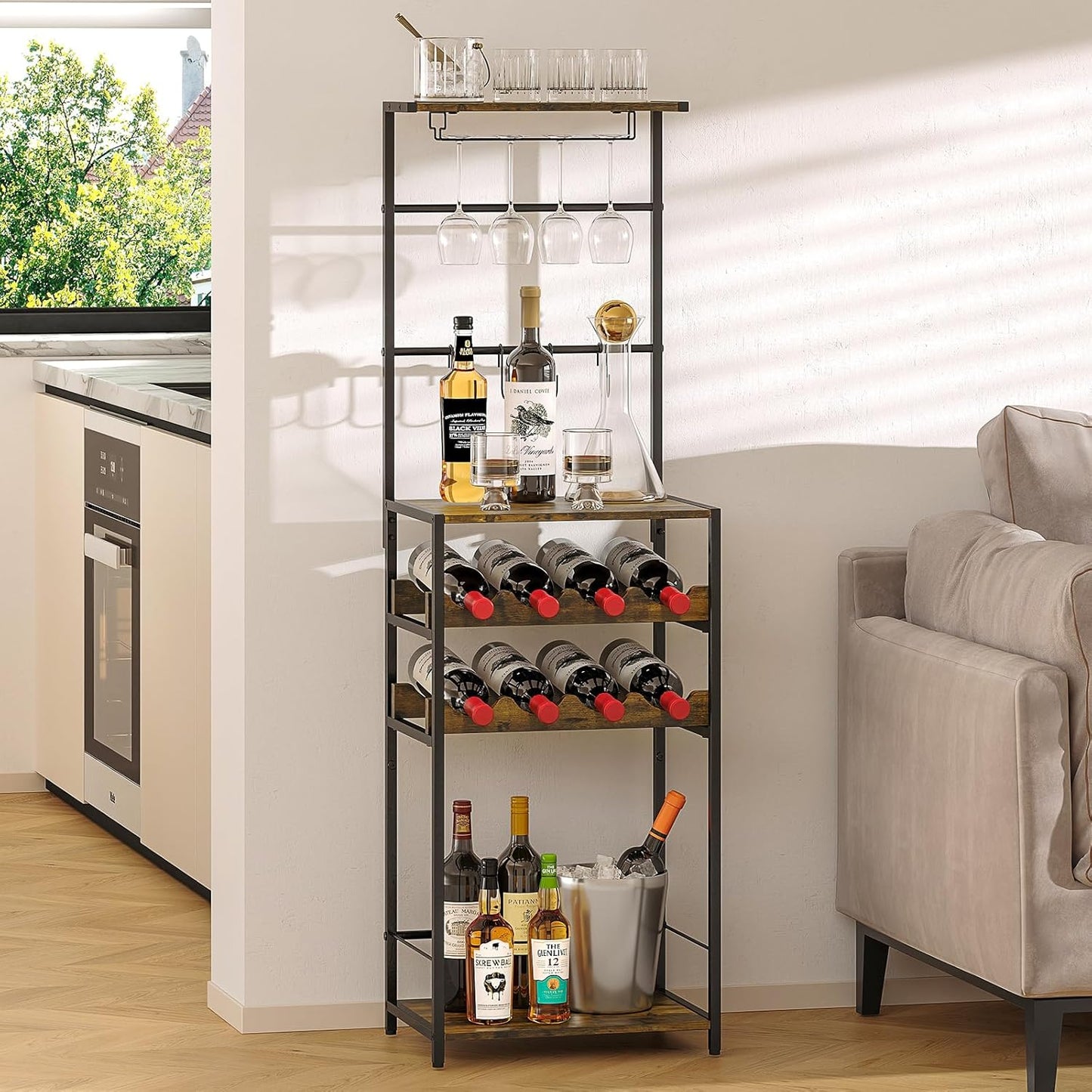 5-Tier Wine Rack Freestanding Floor, Liquor Bar Stand with Glasses Holder and 4 S Hooks, Corner Mini Bar Cabinet for Small Space, 8 Bottles Wine Bar Cabinet for Home, 11.81"D x 16.53"W x 53.55"H