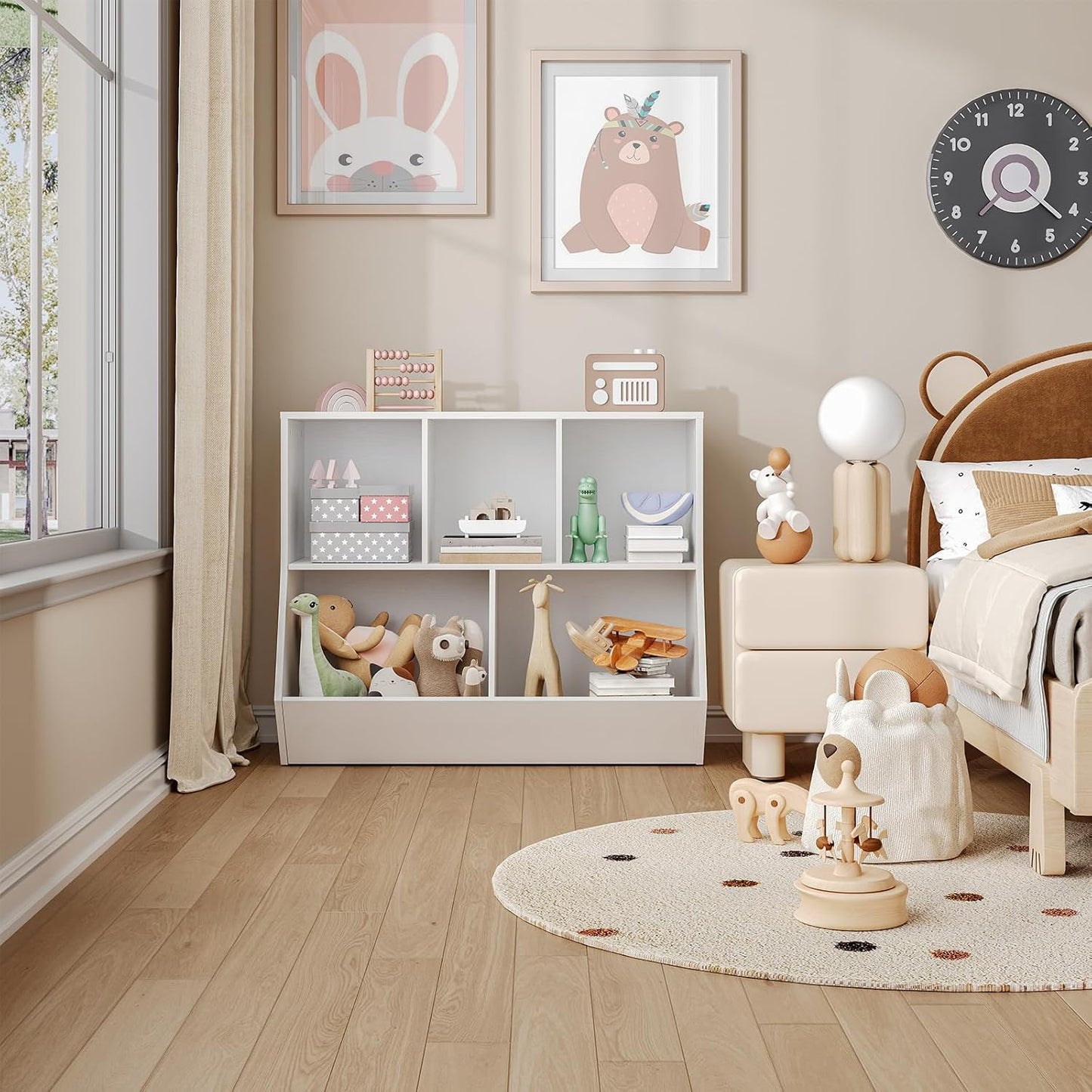 HOOBRO Kids Bookshelf, Bookcase Footboard, Toy Storage Cubby, Children's Toy Shelf, 35.4" L Storage Cabinet, Fit for Children's Room, Playroom, Hallway, Kindergarten, White WT32CW01