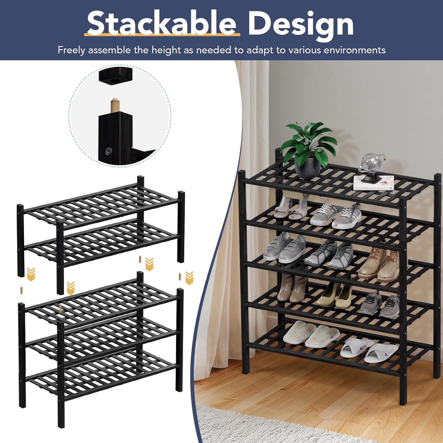 Haddockway 5 Tier Bamboo Shoe Rack Storage Organizer, Multifunctional Free Standing Stackable Shoe Shelf with Grid Panel for Closet,Hallway,Entryway,Small Space 27"x11"x32"(Black, 5 Tier)