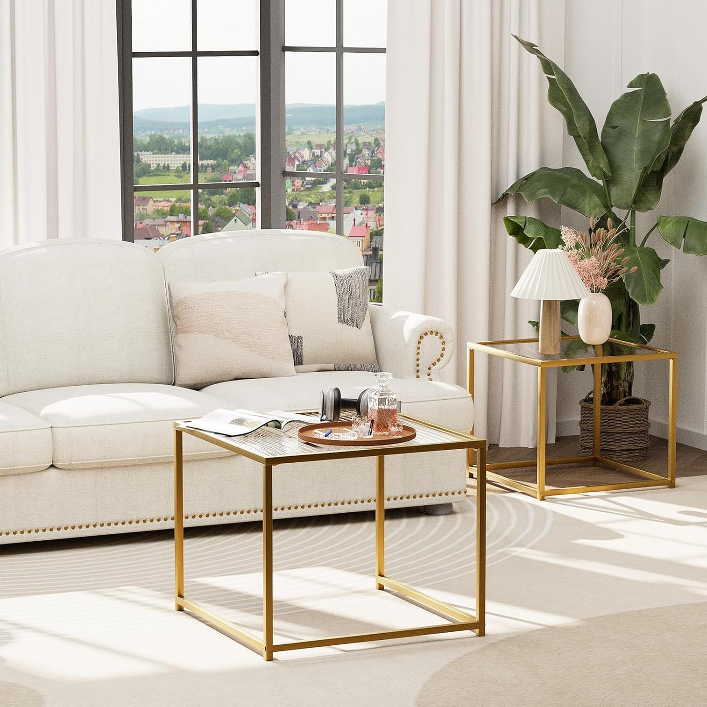 Garden 4 you Coffee Table Set of 2, Modern Patterned Glass Nesting Table, Metal Frame Square Center Table Set, Side Tables, Nesting Coffee Table for Living Room, Bedroom and Small Spaces, 23.6in Gold