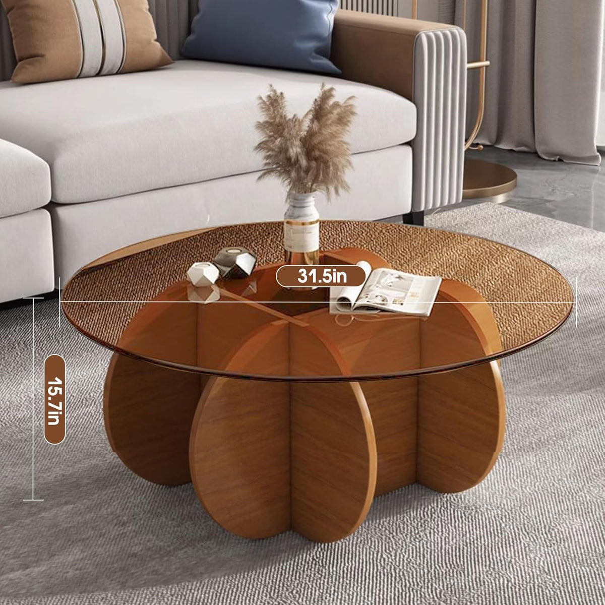 Modern Round Coffee Table with Solid Wood Legs, 31.5'' Glass Coffee Tables for Living Room Rustic Circle Center Cocktail Table with Tempered Glass-Top, Unique Accent Table for Small Spaces