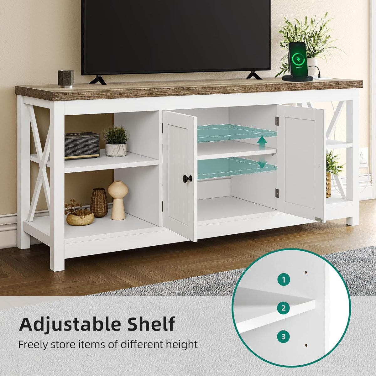 YITAHOME TV Stands for Living Room, Modern Entertainment Center with Power Outlets for Television up to 65 Inch, Farmhouse Media Console TV Cabinet with Adjustable Shelf & Open Shelves, White
