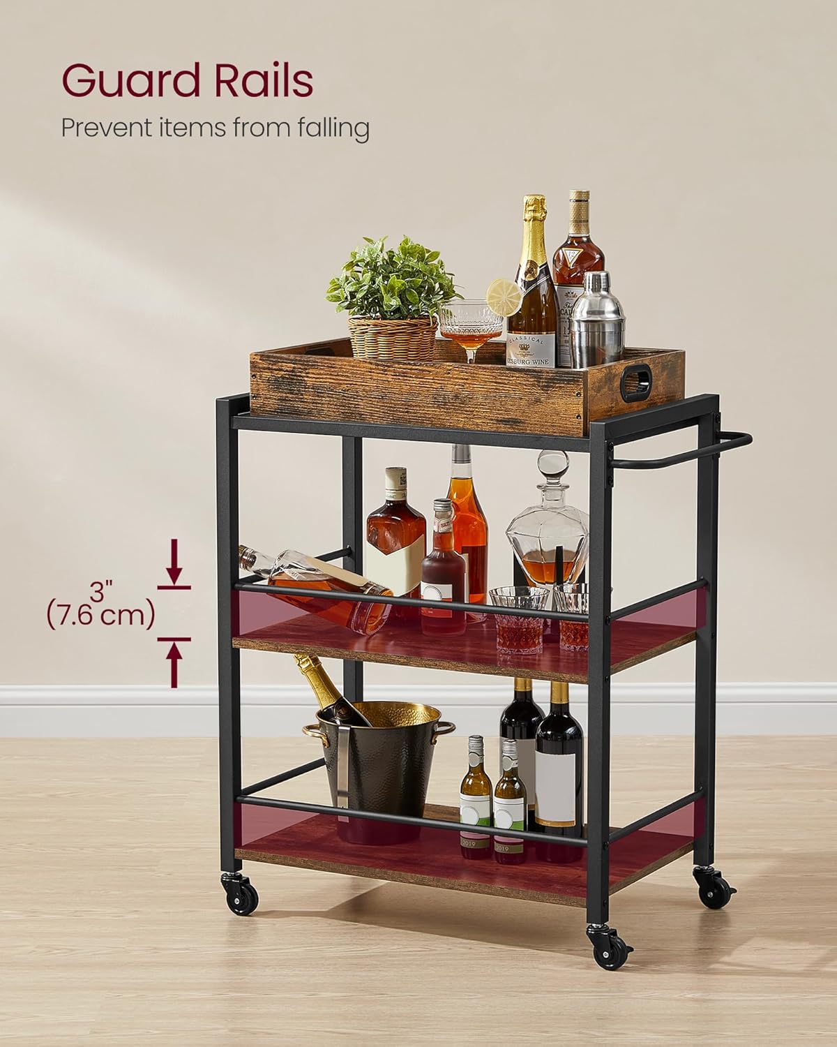 VASAGLE Kitchen Serving Cart with Removable Tray, 3-Tier Kitchen Utility Cart on Wheels with Storage, with Brakes, Leveling Feet, 15.7 x 28.3 x 33.9 Inches, Rustic Brown and Black ULRC72X