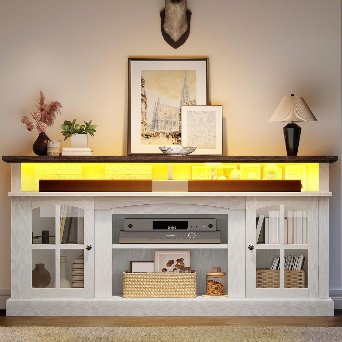 YITAHOME LED Farmhouse TV Stand for 75 Inch w/Outlets, Modern Entertainment Center with Glass Doors and Adjustable Storage Shelves, Media Console TV Cabinet for for Living Room, White/Black
