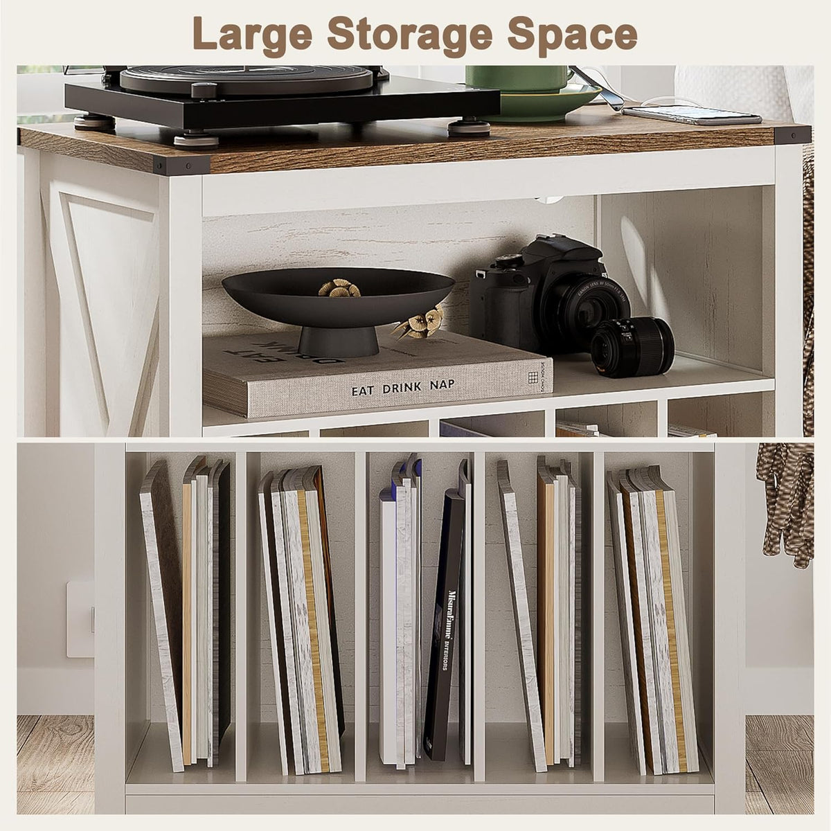 ChooChoo Large Record Player Stand with Charging Station & LED Light, Vinyl Record Holder hold up to 300 Albums, Farmhouse End Table for Bedroom, Living Room, Soft White