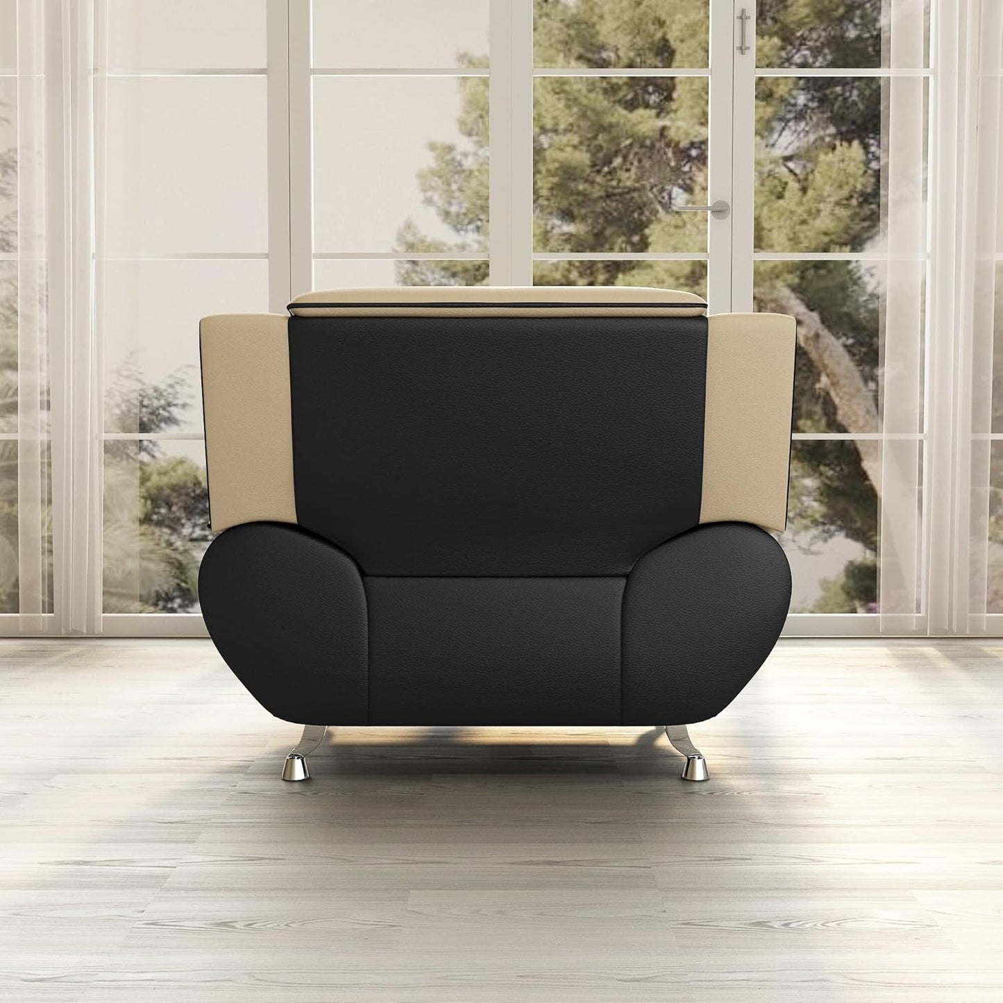 Container Furniture Direct Michael Modern Faux Leather Upholstered Stainless Steel Legs Living Room, Chair, Black Camel
