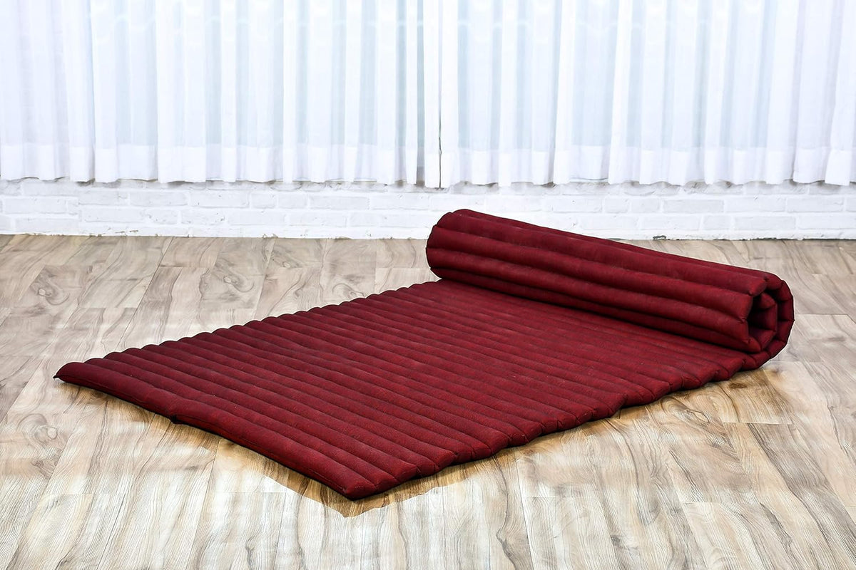 Leewadee - Kapok Roll Mat – Handcrafted Folding Sleep & Relaxation Mattress from Thailand, Ideal as Guest Bed, Camping Mat, Yoga Mat or Traditional Futon, 75 x 39 inches, Red