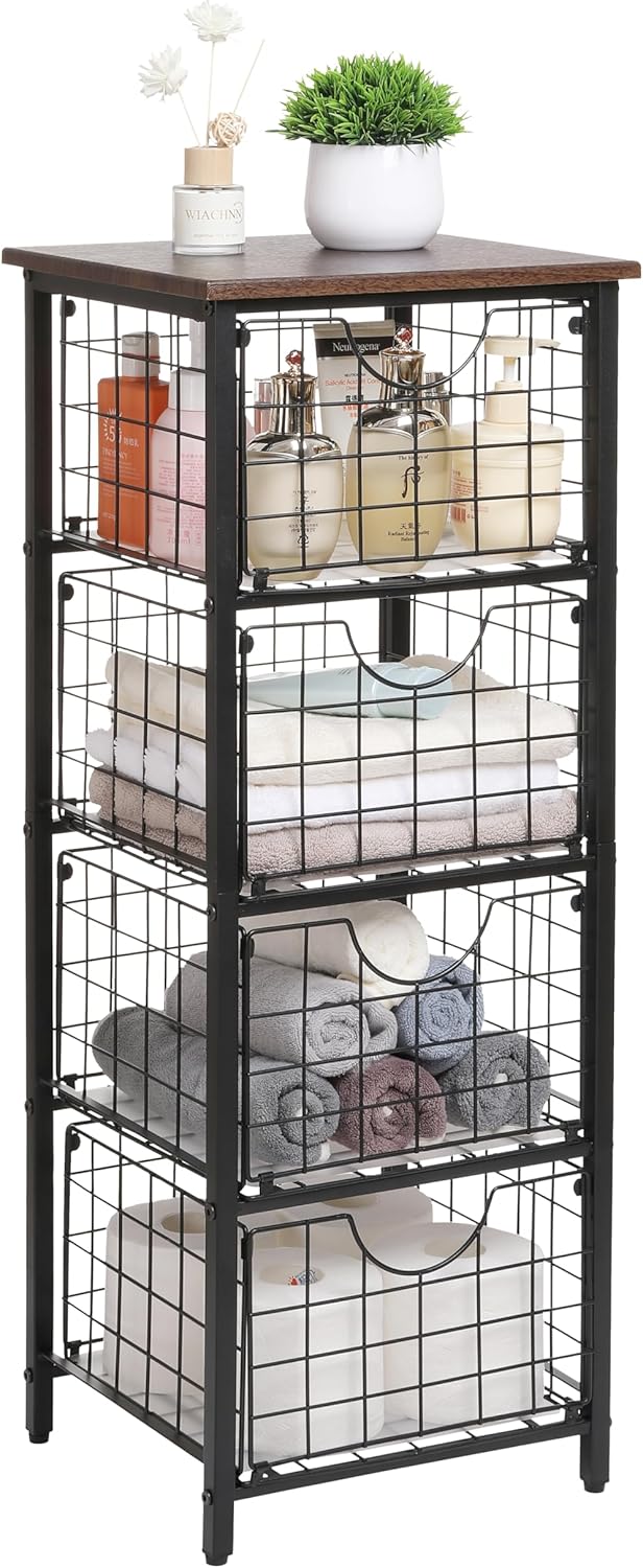 5-Tier FreeStanding Storage Shelves with 4 Pull-Out Baskets,Bathroom Organizer Shelves Unit with WoodTop,Fruit Basket for Kitchen,Storage Tower Organizer Basket Cart for Bathroom,Black