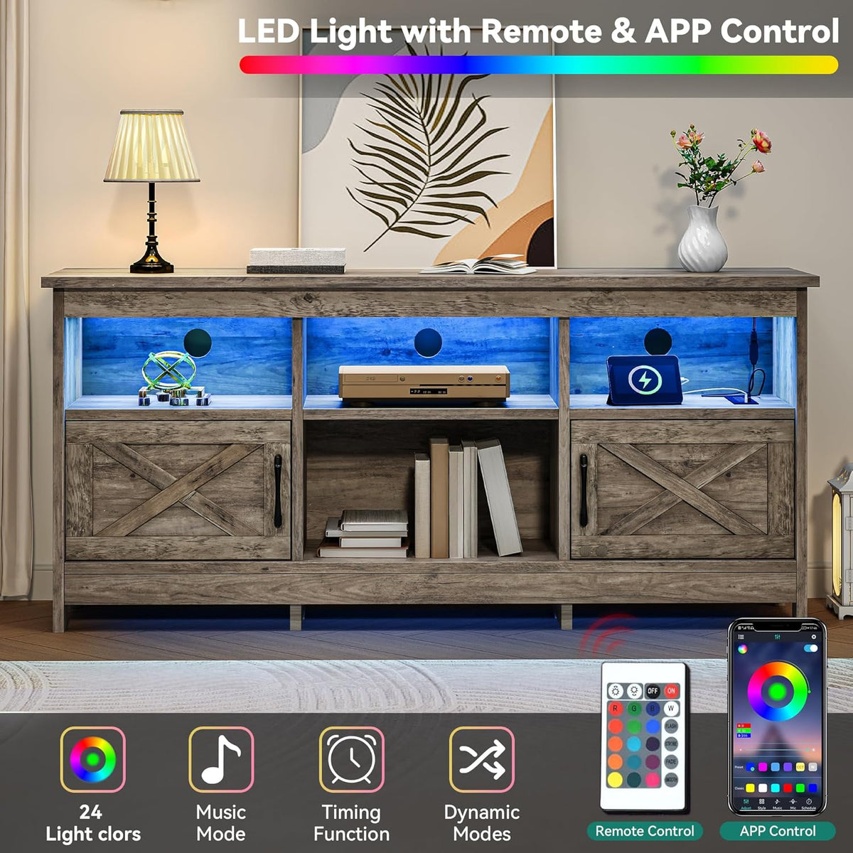 YITAHOME TV Stand for 65 Inch TVs, Entertainment Center with Storage Cabinets, Power Outlet & LED Light, Media Console Living Room Furniture, Washed Gray
