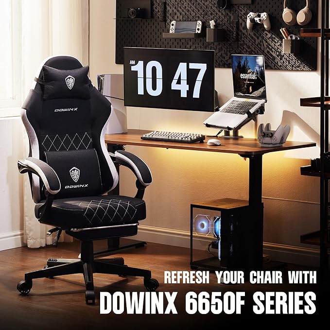 Dowinx Fabric Gaming Chair, Ergonomic Computer Chair with Footrest and Pocket Spring Cushion, Height Adjustable Video Gamer Chair with Lumbar Support for Adults, Black